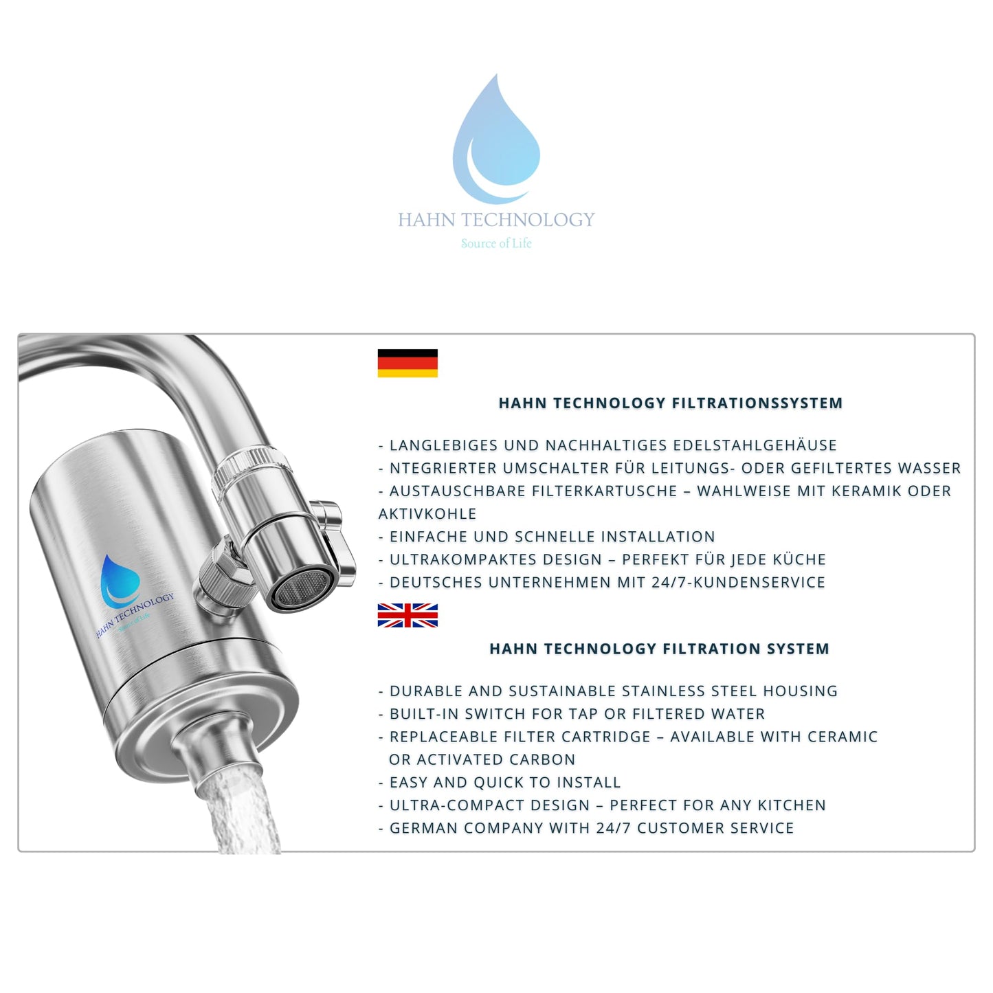HAHN Technology Stainless Steel Tap Water Filter with Activated Carbon NEW