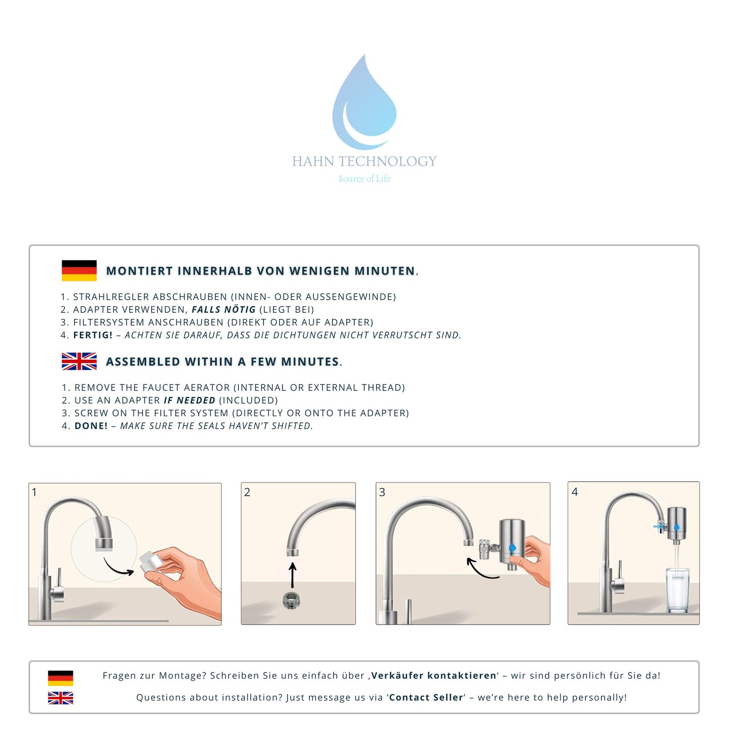 HAHN Technology Stainless Steel Tap Water Filter with Activated Carbon NEW