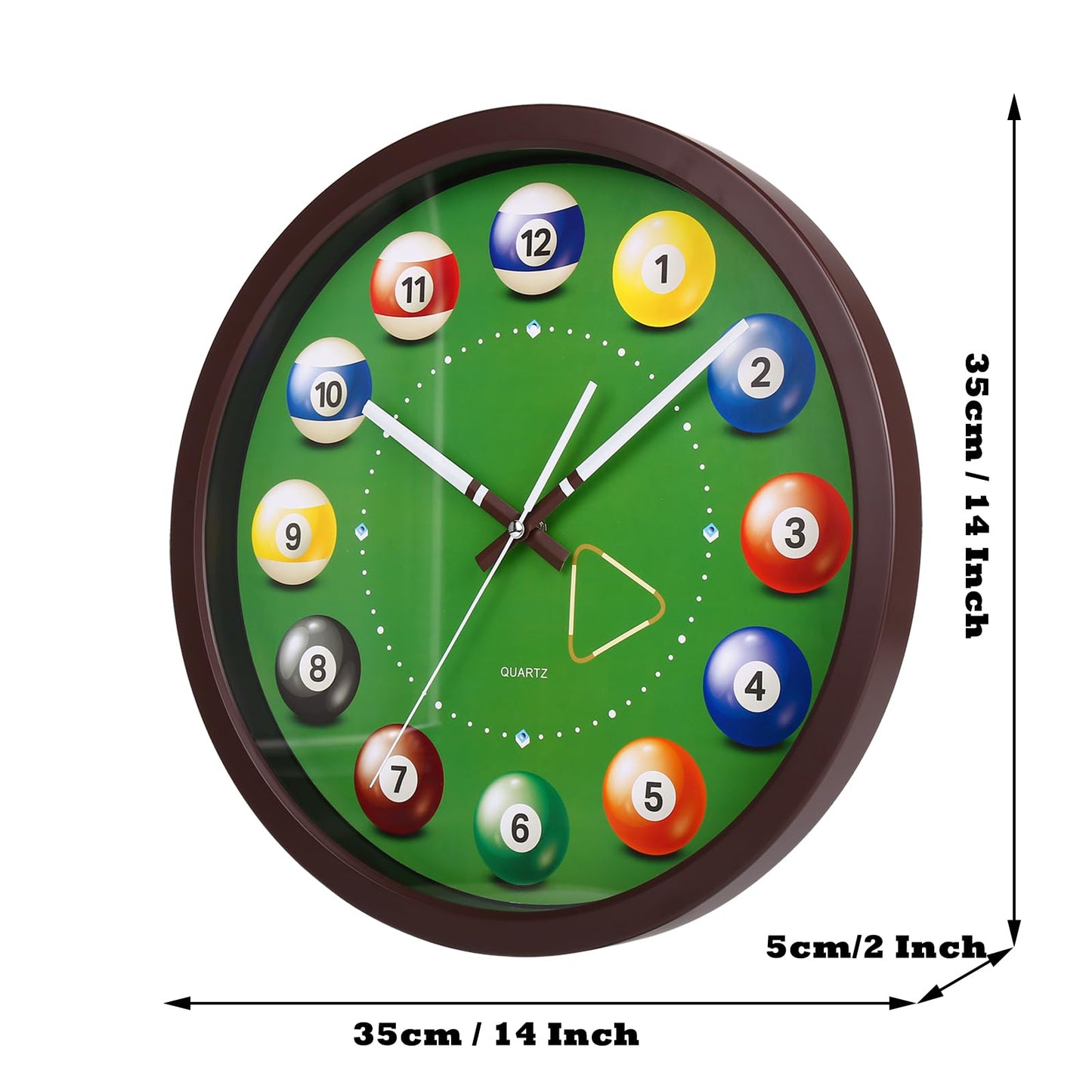 14 Inch Billiards Ball Wall Clock with Pool Cue Hands Dial Black and Green NEW