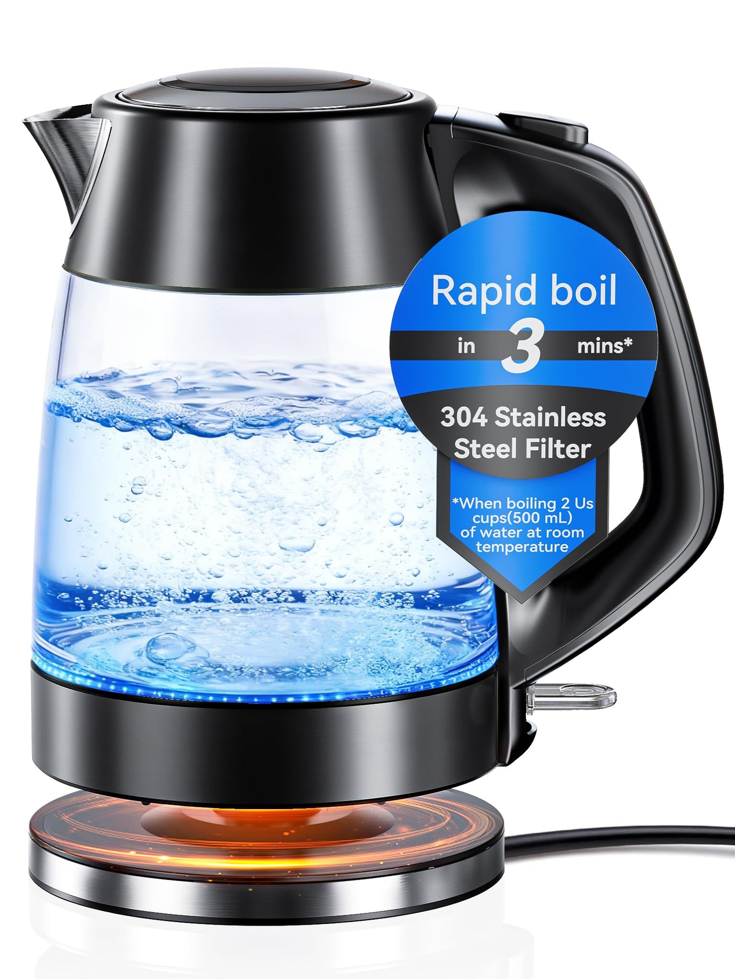 1.7L Glass Electric Kettle with Stainless Steel Filter Spout - 2200W Clear NEW