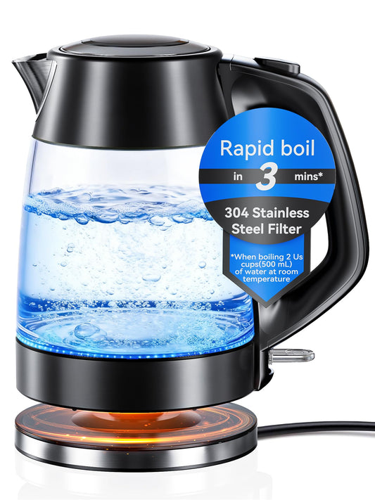 1.7L Glass Electric Kettle with Stainless Steel Filter Spout - 2200W Clear NEW
