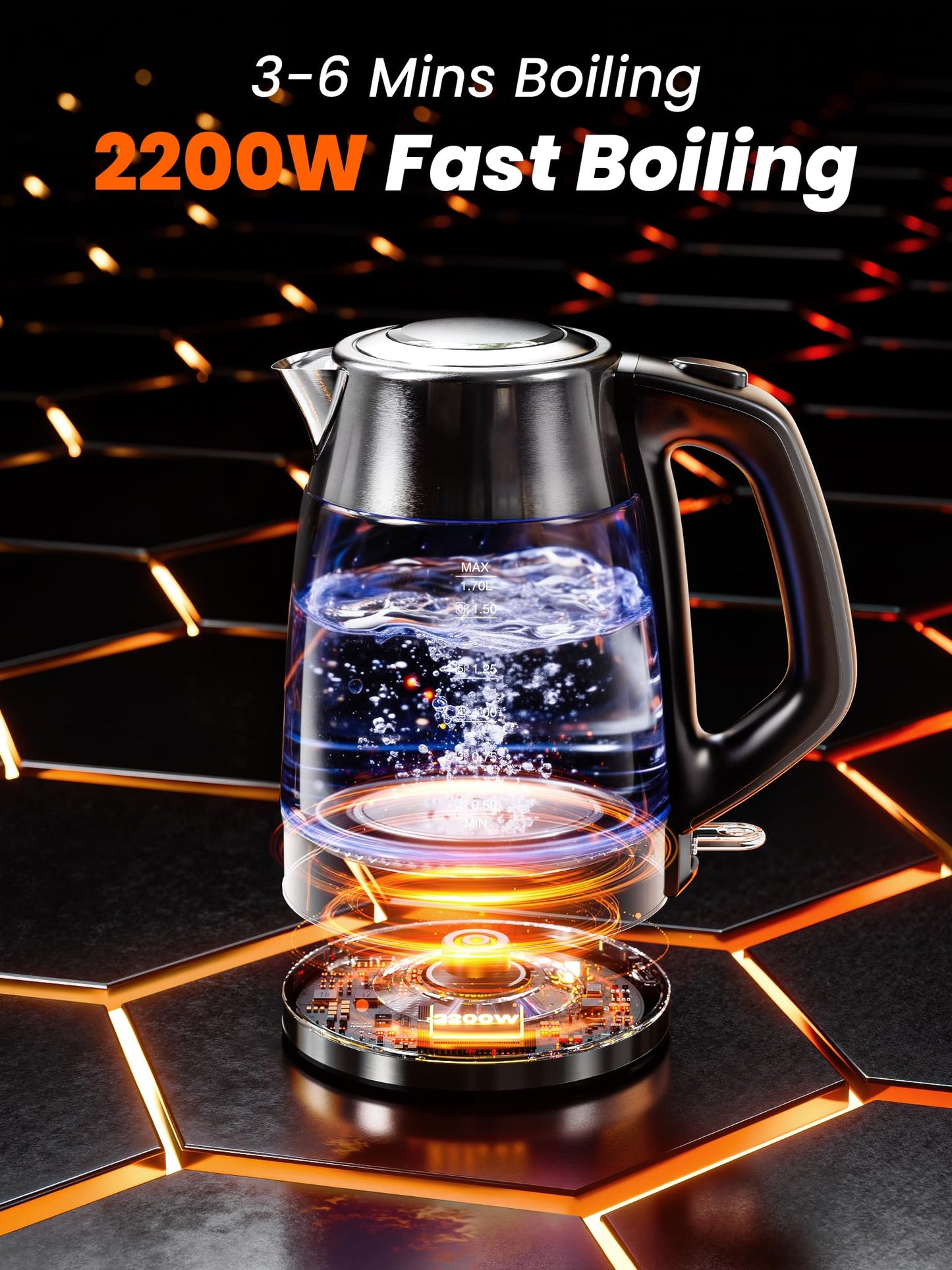 1.7L Glass Electric Kettle with Stainless Steel Filter Spout - 2200W Clear NEW