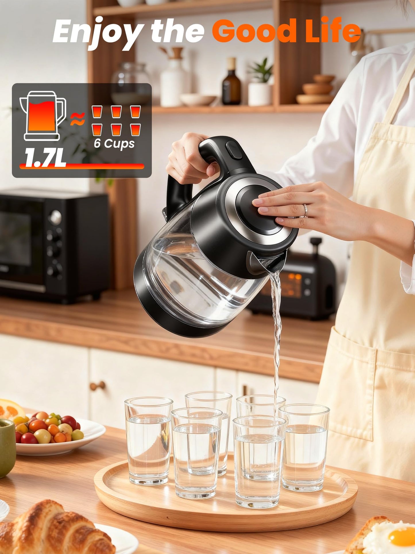 1.7L Glass Electric Kettle with Stainless Steel Filter Spout - 2200W Clear NEW
