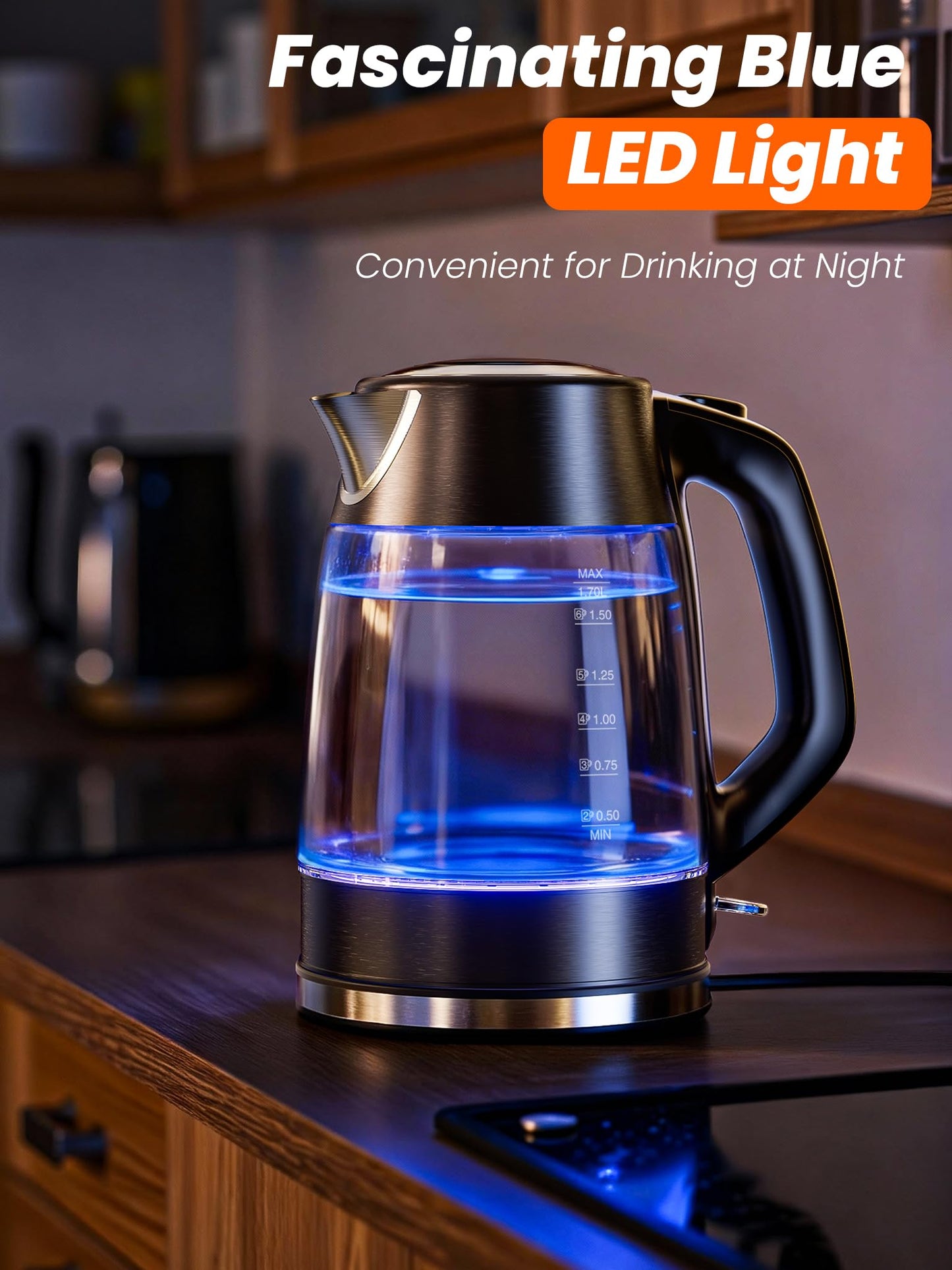 1.7L Glass Electric Kettle with Stainless Steel Filter Spout - 2200W Clear NEW