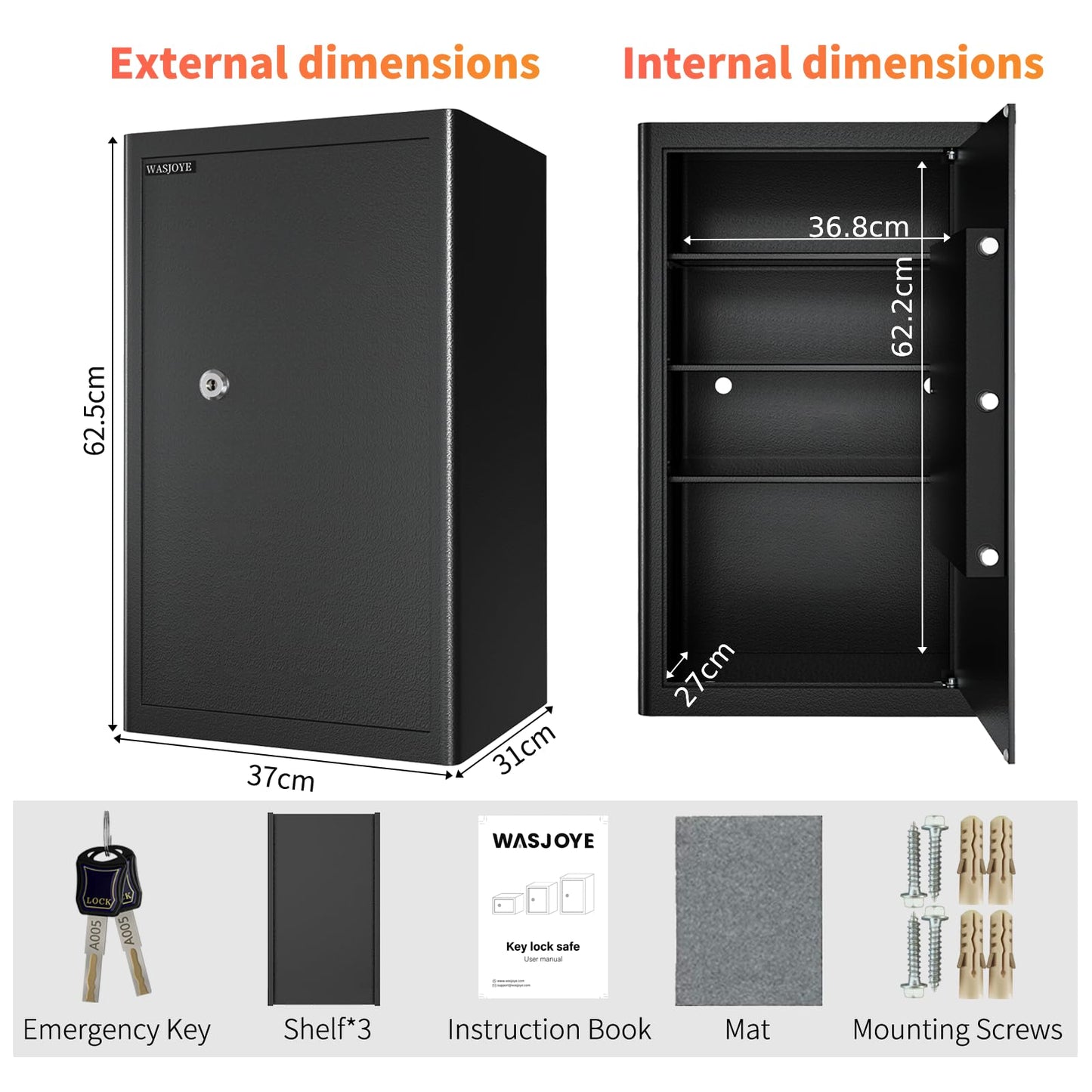 WASJOYE 72L Steel Security Cabinet Safe Box with Key Lock for Home Office DEMO