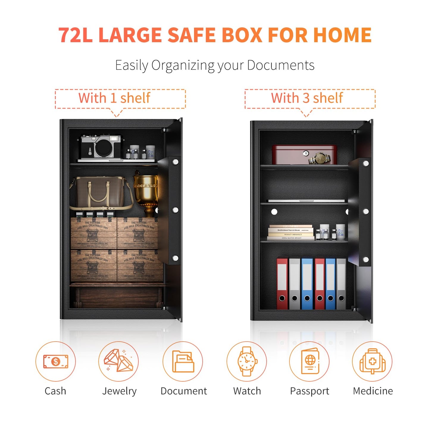 WASJOYE 72L Steel Security Cabinet Safe Box with Key Lock for Home Office DEMO