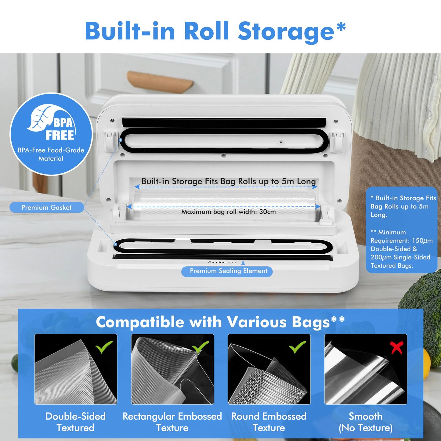 Flora White Vacuum Sealer Machine for Dry & Moist Food Preservation NEW