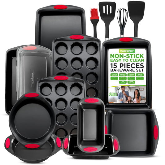 NutriChef 15-Piece Baking Pan Set Flexible Nonstick Carbon Steel Black Size NEW