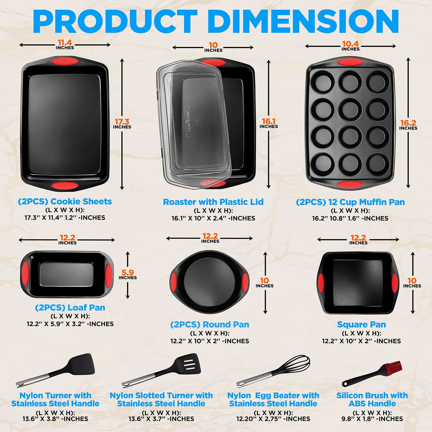 NutriChef 15-Piece Baking Pan Set Flexible Nonstick Carbon Steel Black Size NEW