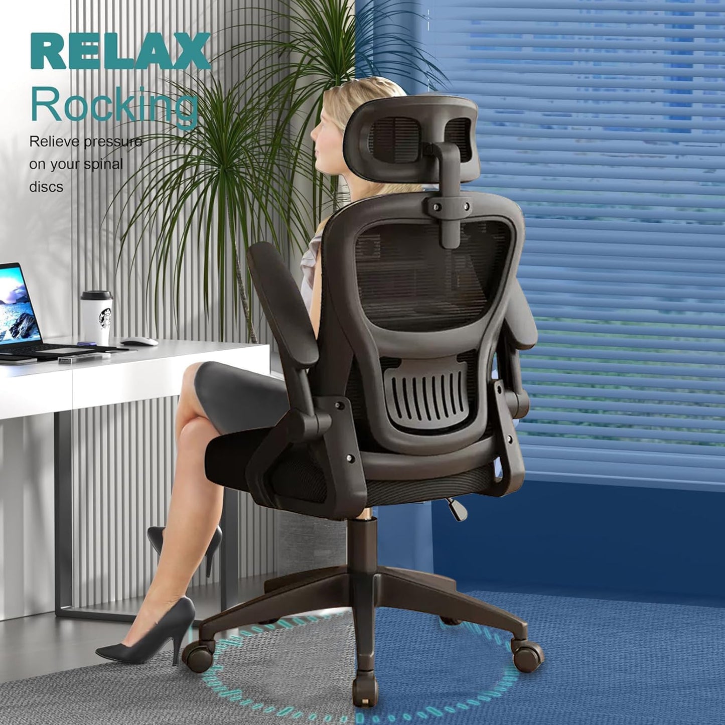 FENIRO Ergonomic Desk Chair with Flip-up Arms, Headrest, and Black Finish DEMO