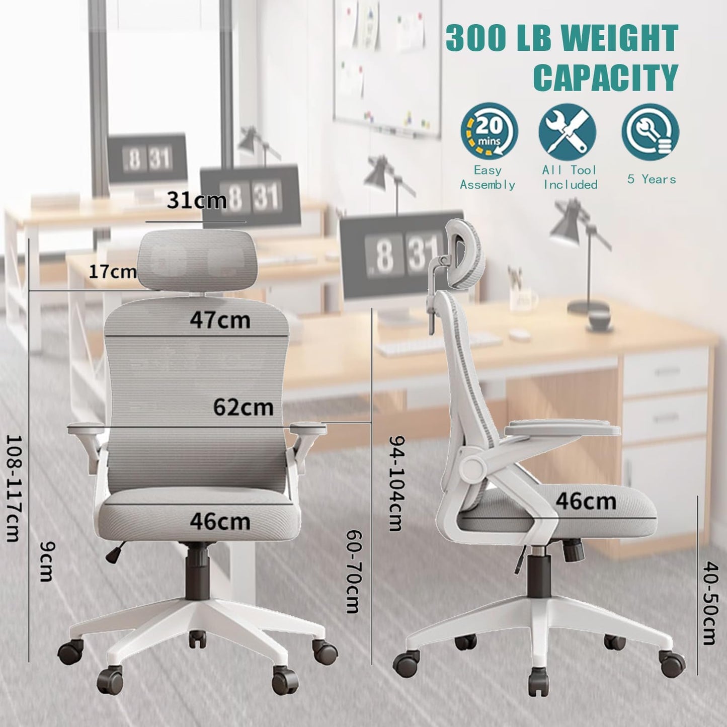 FENIRO Ergonomic Desk Chair with Flip-up Arms, Headrest, and Black Finish DEMO