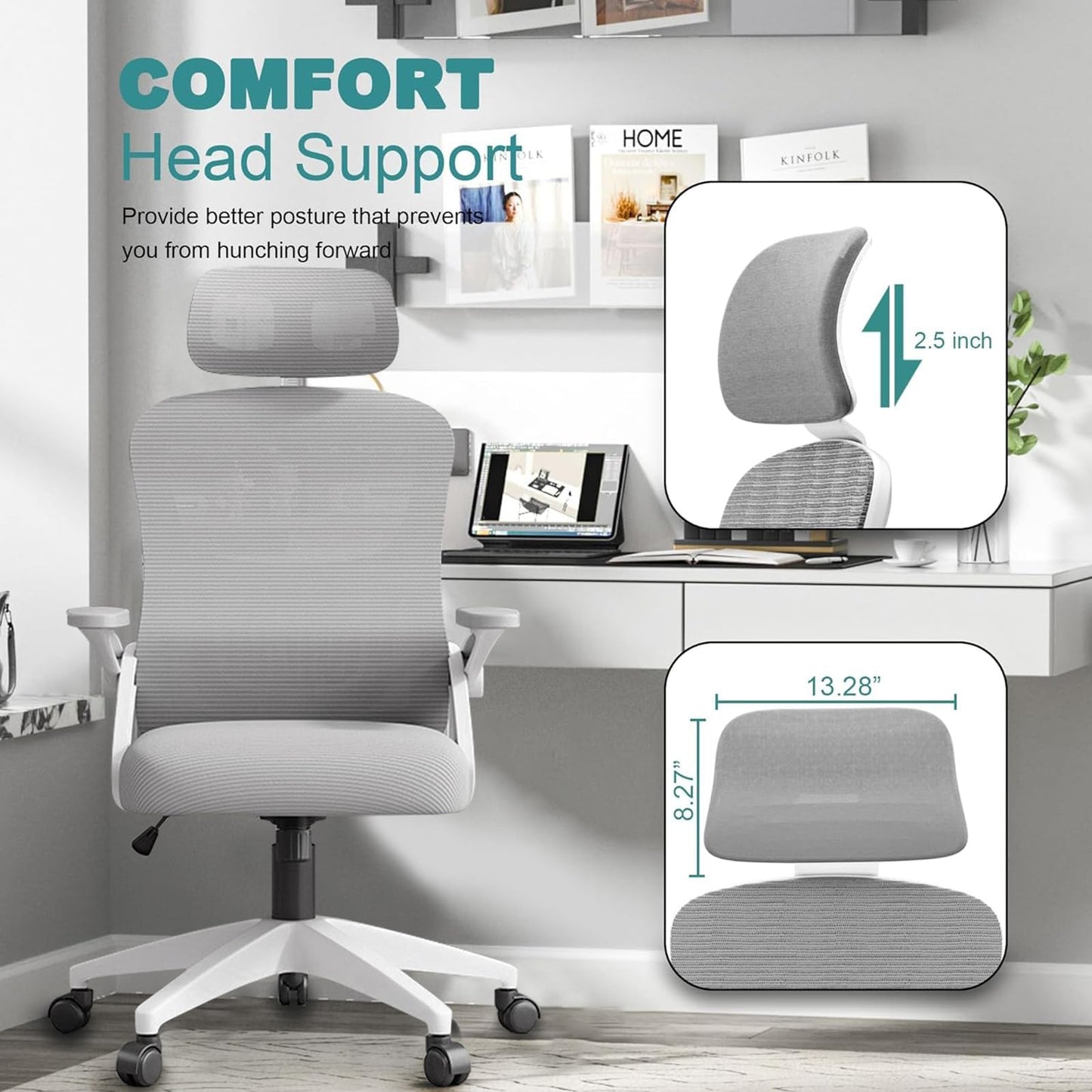 FENIRO Ergonomic Desk Chair with Flip-up Arms, Headrest, and Black Finish DEMO