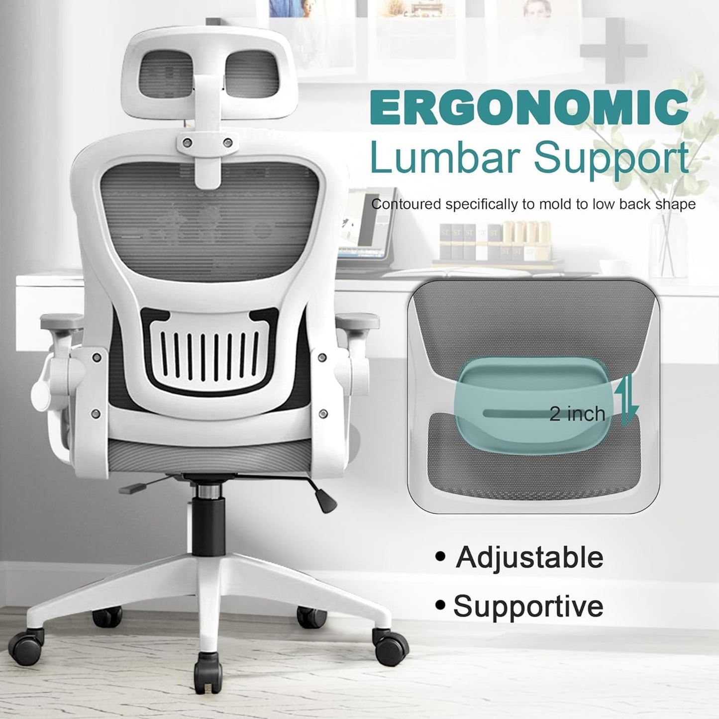 FENIRO Ergonomic Desk Chair with Flip-up Arms, Headrest, and Black Finish DEMO
