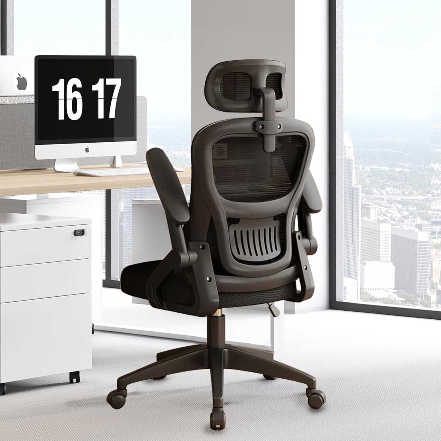 FENIRO Ergonomic Desk Chair with Flip-up Arms, Headrest, and Black Finish DEMO