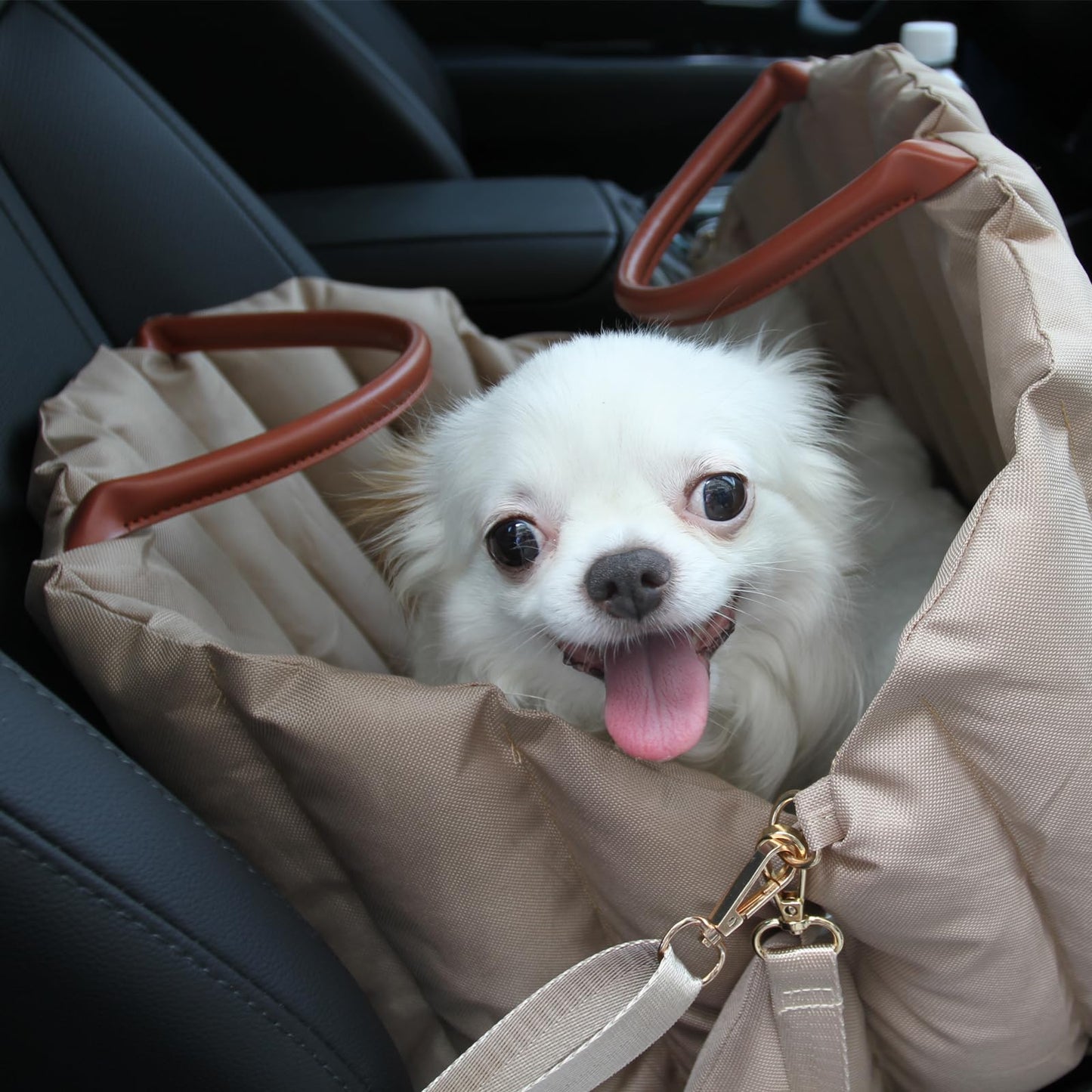 Light Brown Dog Car Seat Booster with Seatbelt Puppy Cover Size Medium NEW