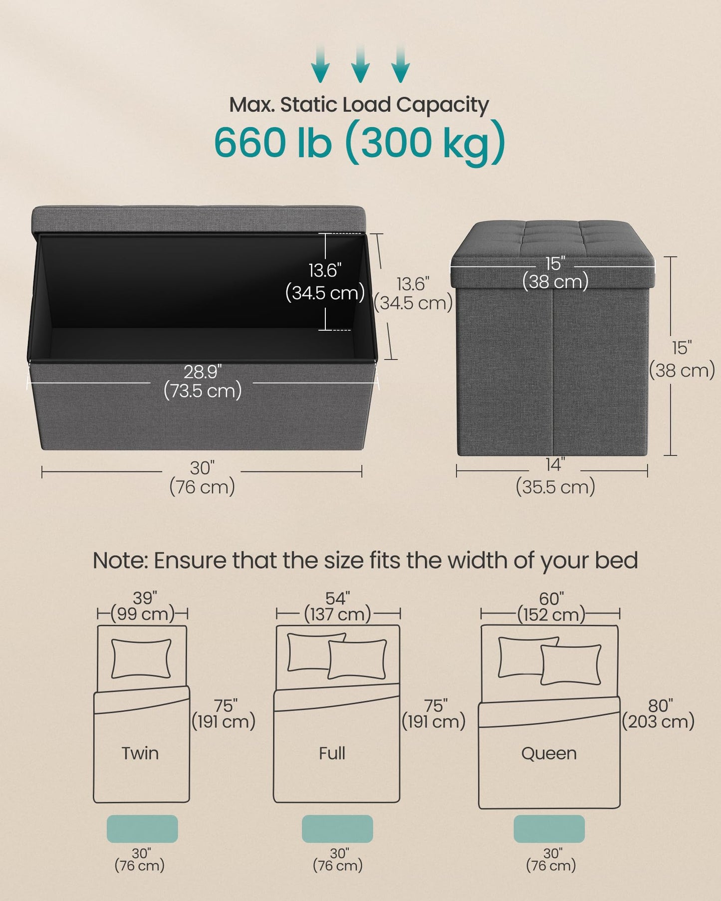 SONGMICS Tufted Storage Ottoman Bench, Dark Gray, 38D x 76W 38H cm, NEW