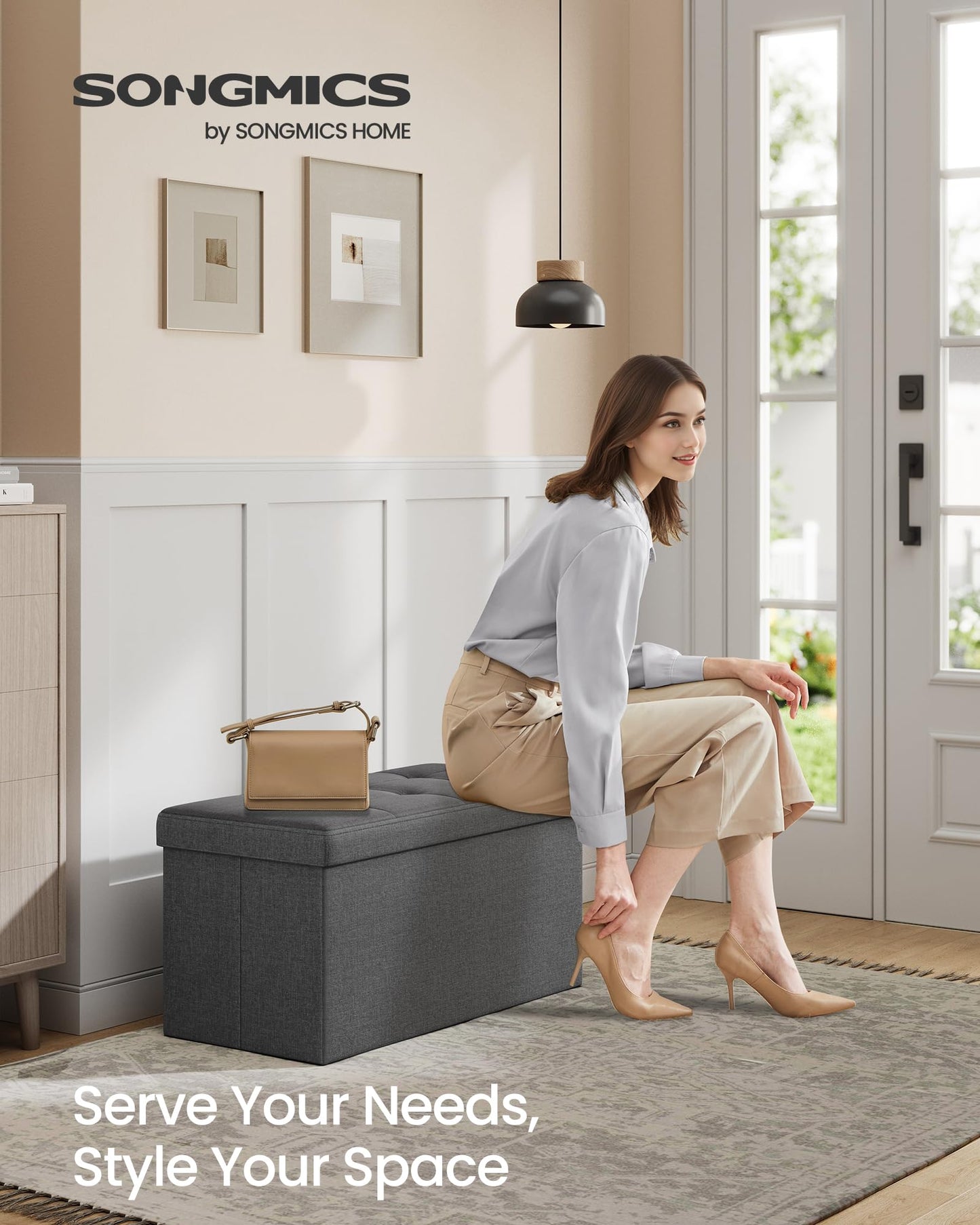 SONGMICS Tufted Storage Ottoman Bench, Dark Gray, 38D x 76W 38H cm, NEW