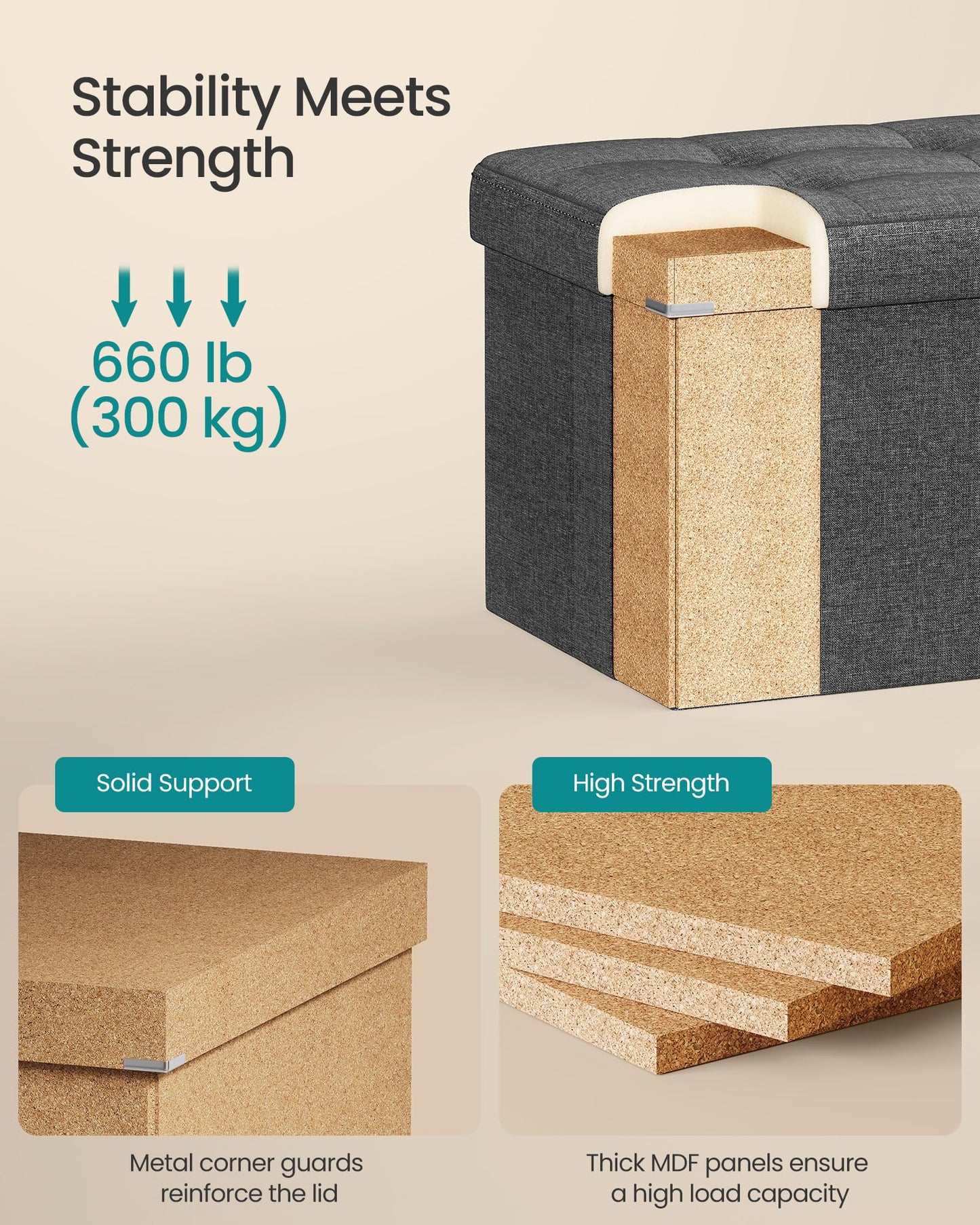 SONGMICS Tufted Storage Ottoman Bench, Dark Gray, 38D x 76W 38H cm, NEW