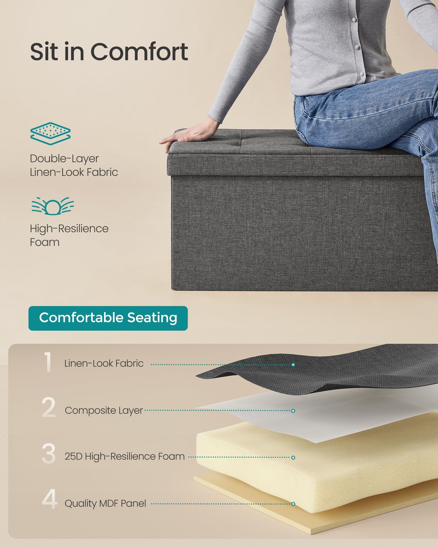SONGMICS Tufted Storage Ottoman Bench, Dark Gray, 38D x 76W 38H cm, NEW
