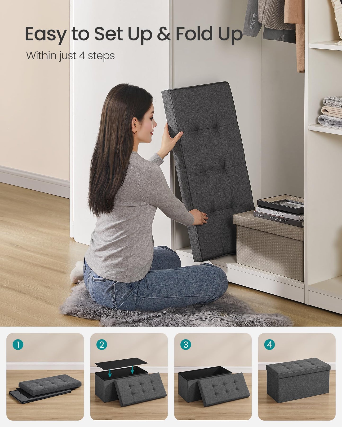 SONGMICS Tufted Storage Ottoman Bench, Dark Gray, 38D x 76W 38H cm, NEW