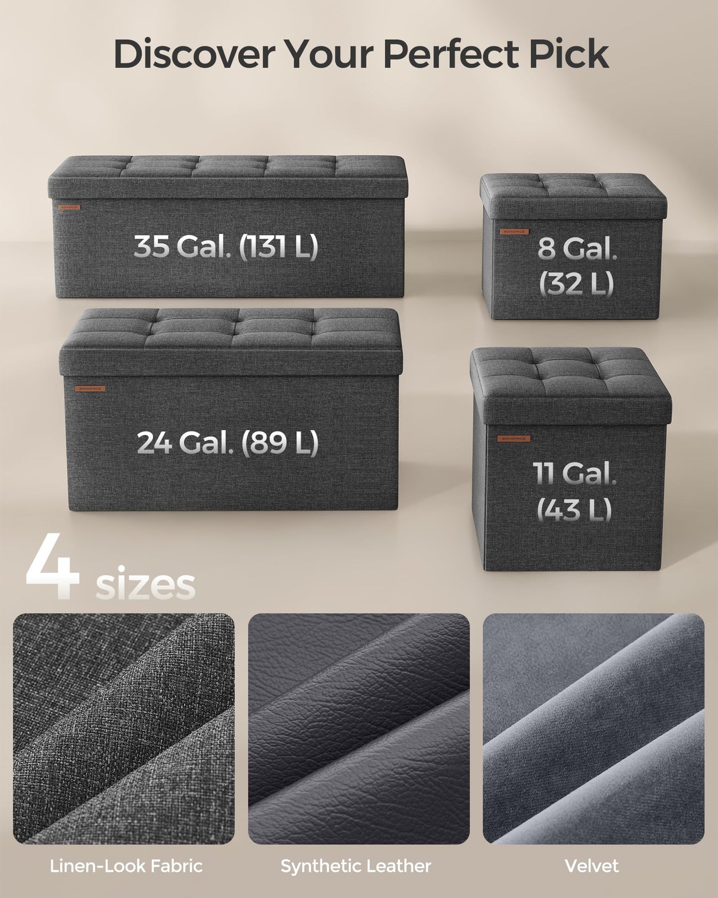 SONGMICS Tufted Storage Ottoman Bench, Dark Gray, 38D x 76W 38H cm, NEW