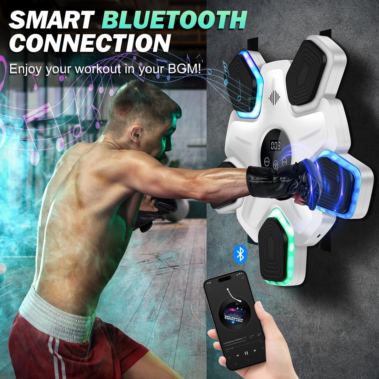 Smart Music Boxing Machine with Gloves for Home Gym Wall Mounted White NEW