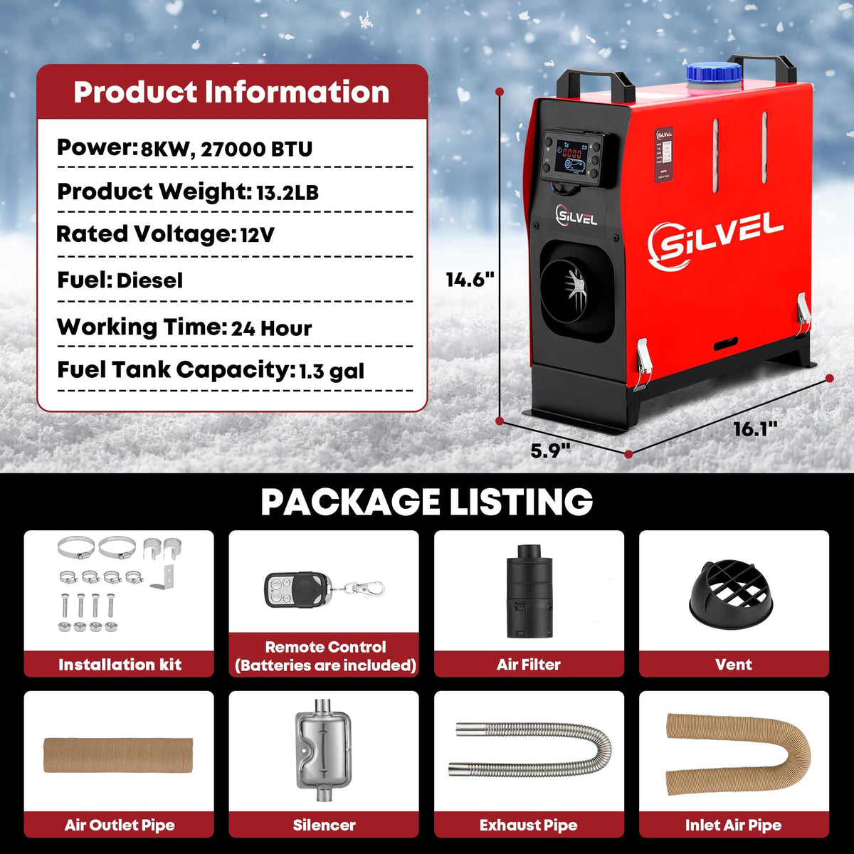 SILVEL 8KW Diesel Air Heater, Portable Heating Core, LCD Display, 5L Red NEW
