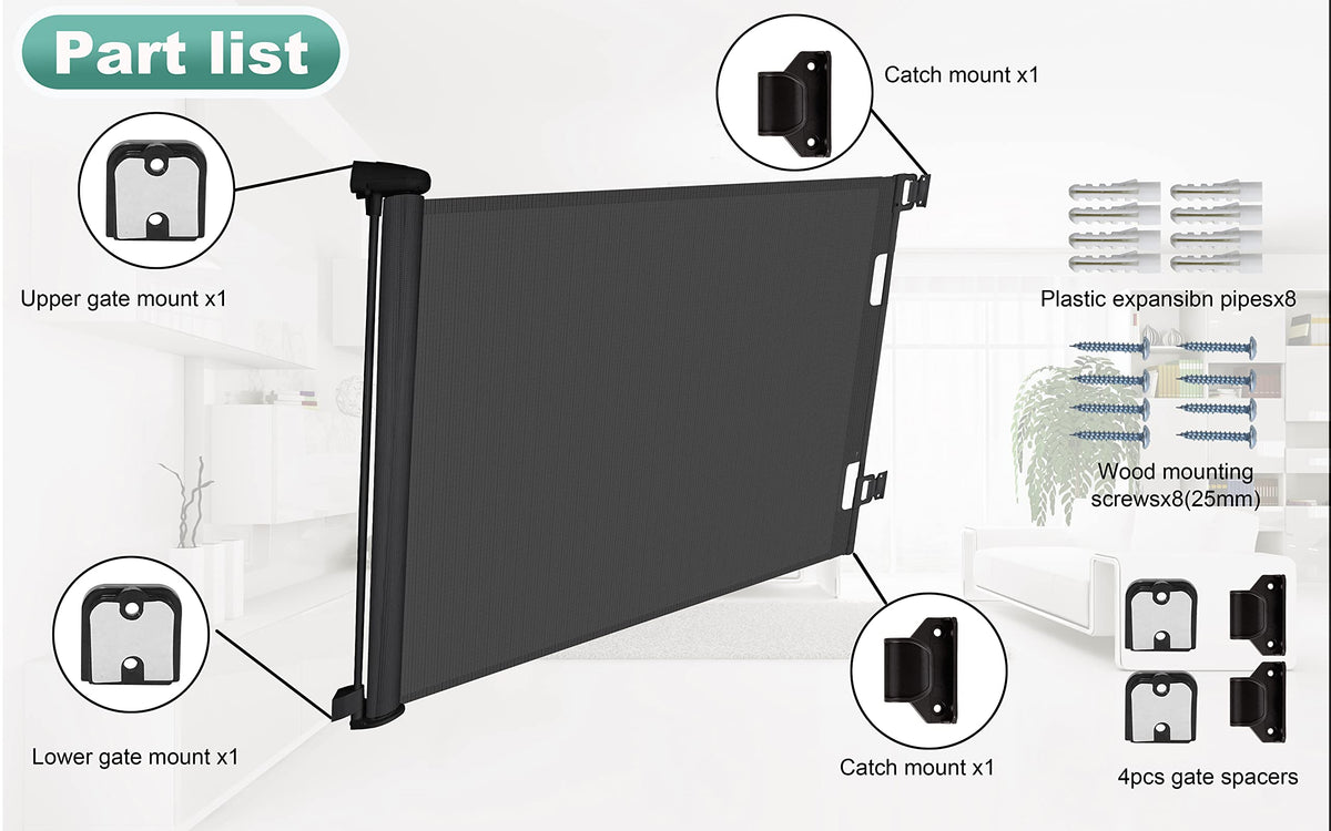 Durable Portable Mesh Retractable Baby Dog Safety Gate Black Size 180x86cm NEW