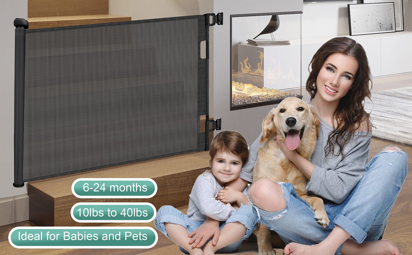 Durable Portable Mesh Retractable Baby Dog Safety Gate Black Size 180x86cm NEW