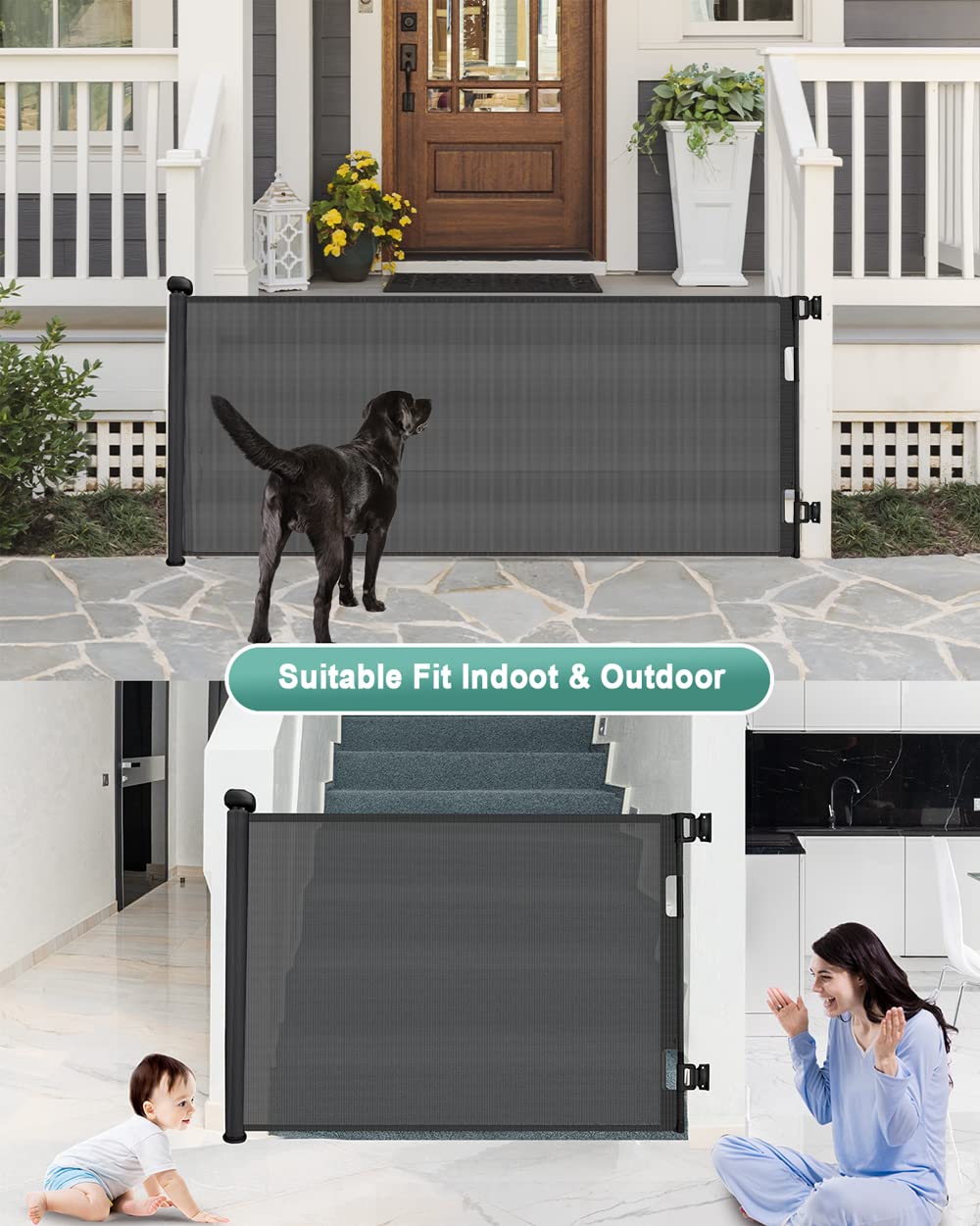 Durable Portable Mesh Retractable Baby Dog Safety Gate Black Size 180x86cm NEW