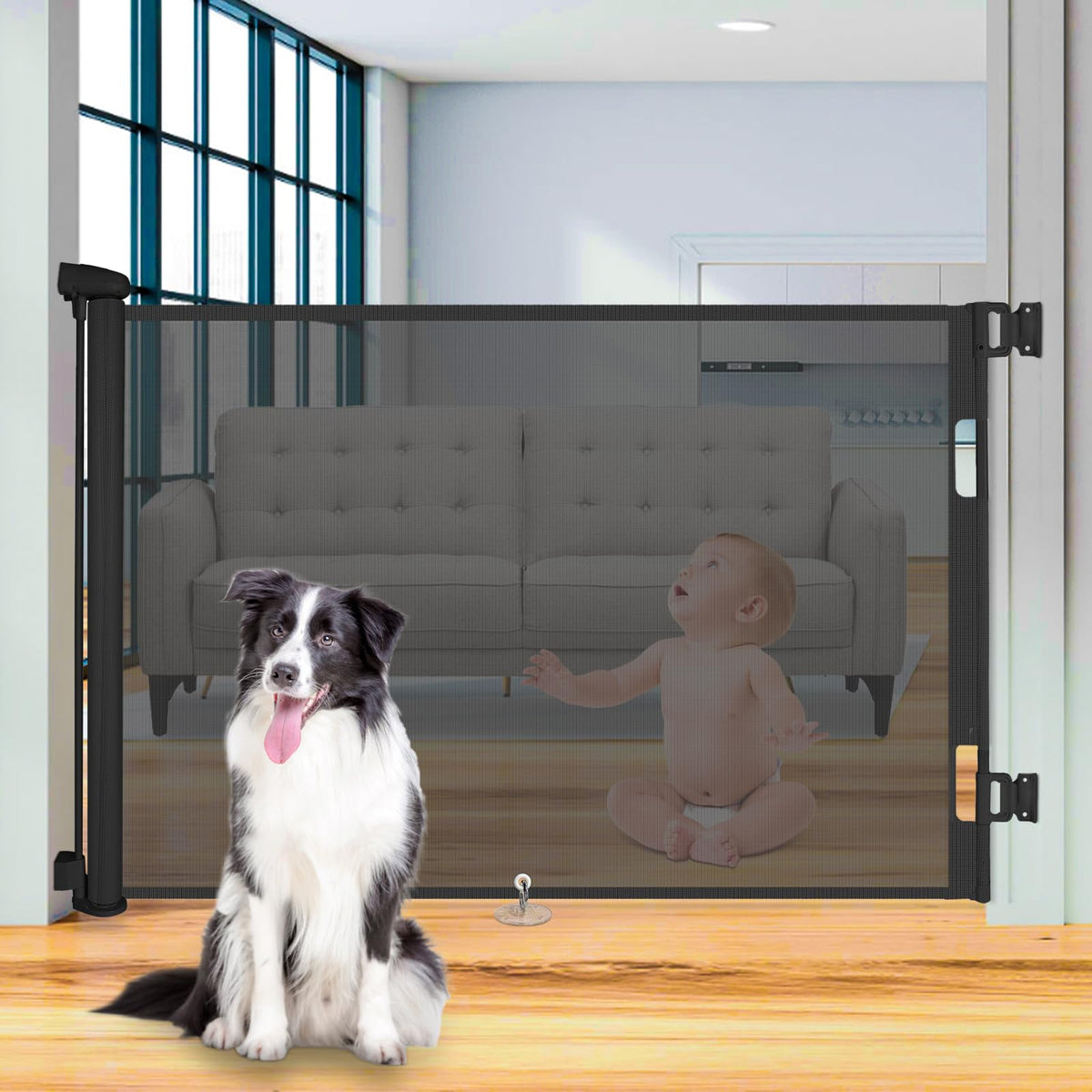 Durable Portable Mesh Retractable Baby Dog Safety Gate Black Size 180x86cm NEW