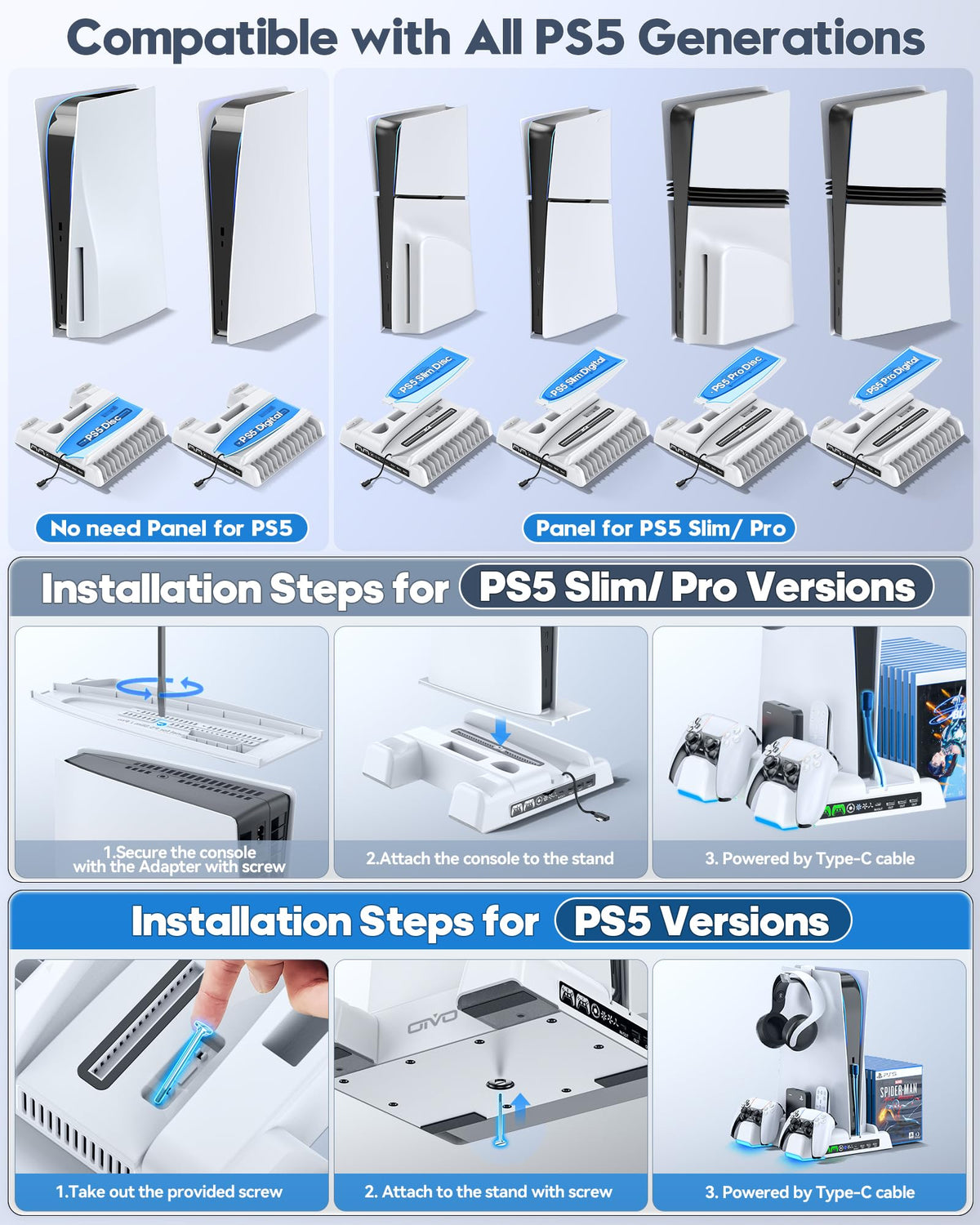 OIVO PS5 Gaming Accessories Vertical Stand with Dual Controller Charging NEW