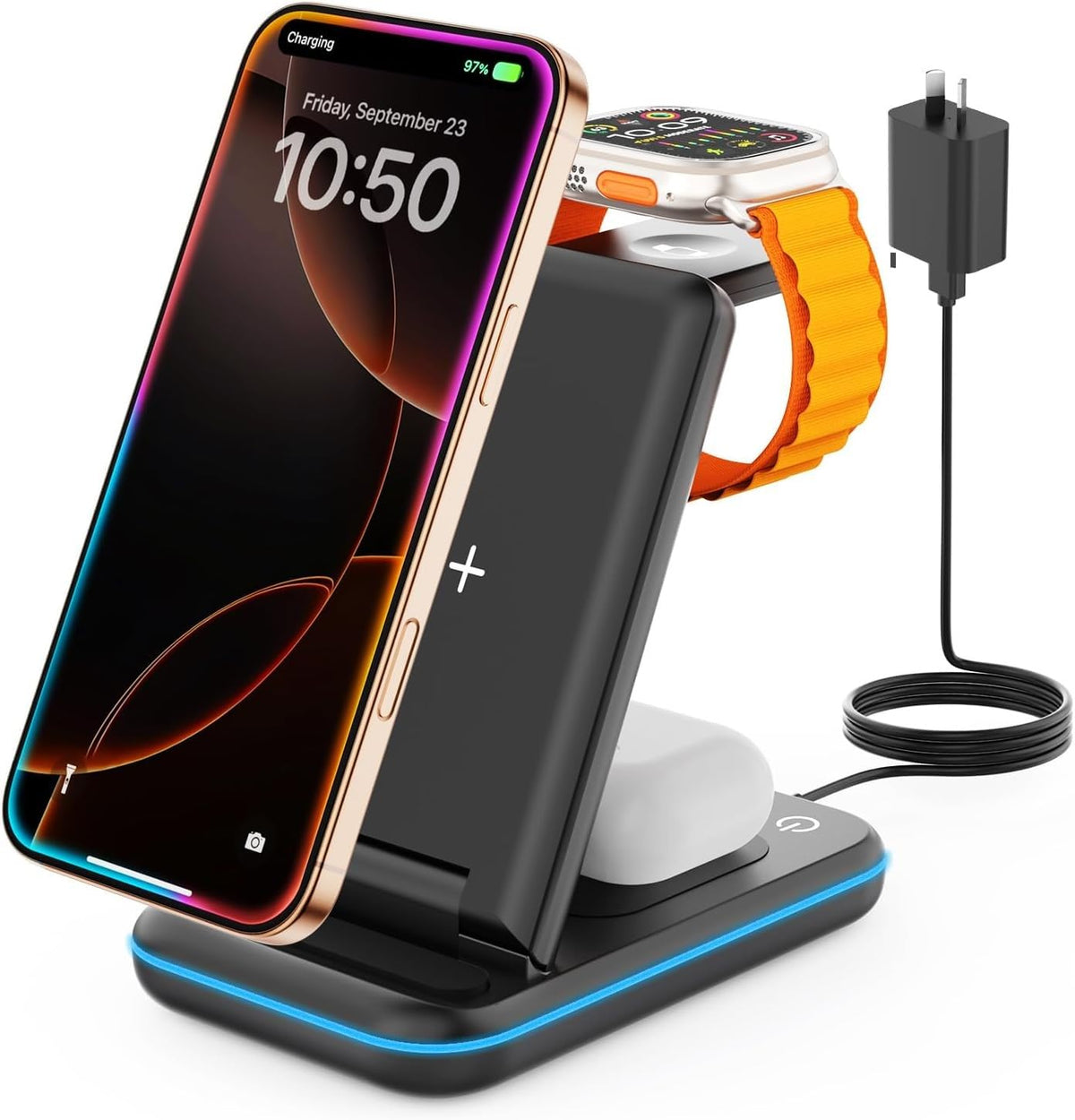 3-in-1 Foldable Wireless Charging Station for Smartphones - Dark Black DEMO