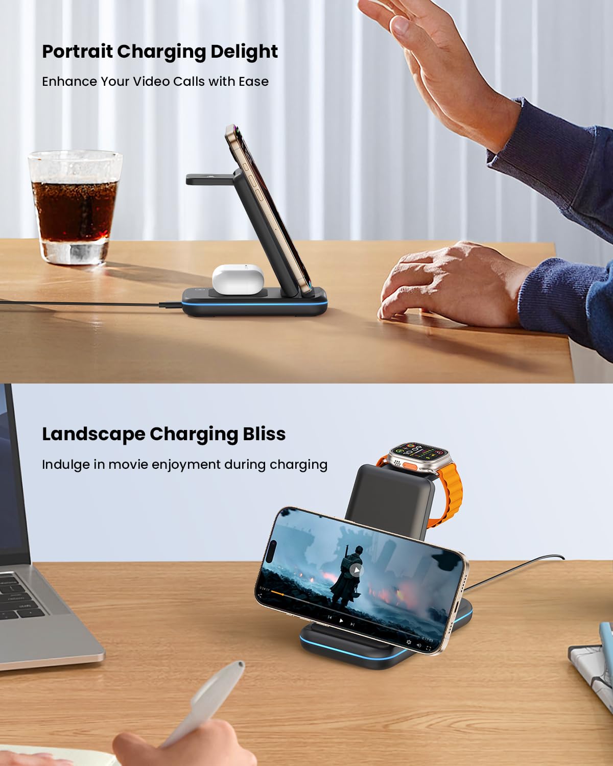 3-in-1 Foldable Wireless Charging Station for Smartphones - Dark Black DEMO