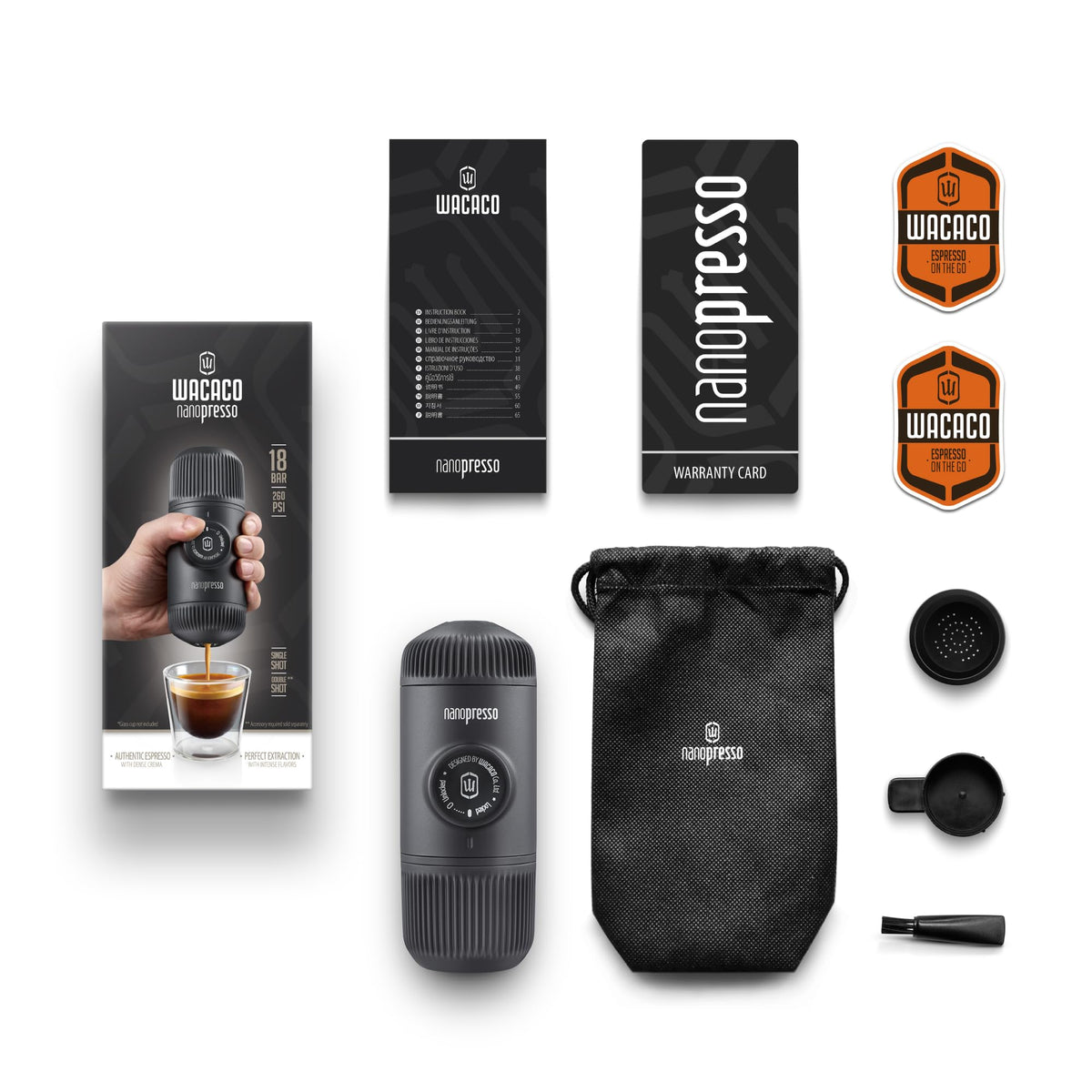 WACACO Nanopresso Portable Manual Espresso Maker 18 Bar Pressure Black NEW