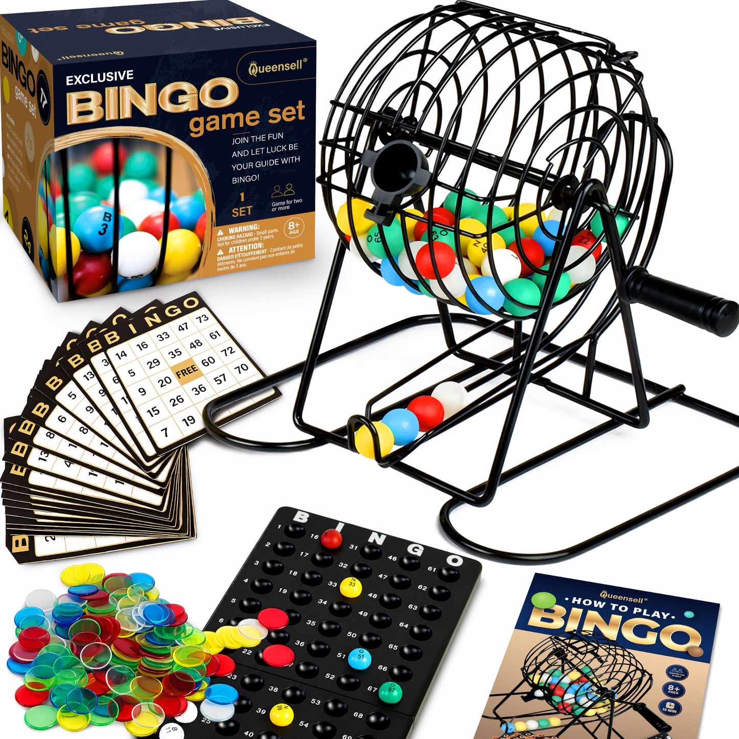 Queensell Bingo Toys Game Set with 50 Cards, 300 Pieces, 7.87"x7" NEW