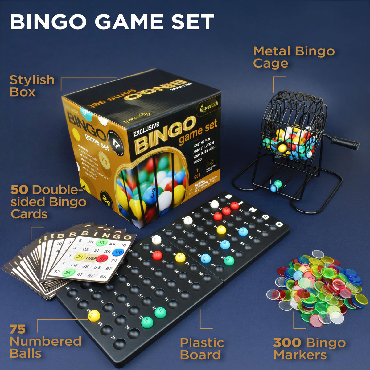 Queensell Bingo Toys Game Set with 50 Cards, 300 Pieces, 7.87"x7" NEW