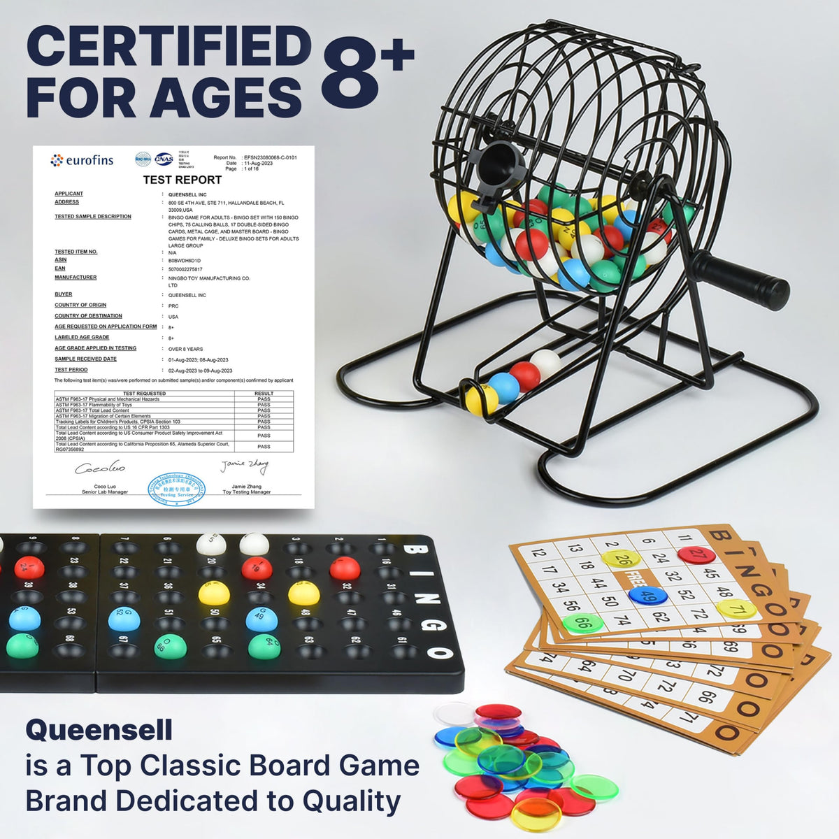 Queensell Bingo Toys Game Set with 50 Cards, 300 Pieces, 7.87"x7" NEW