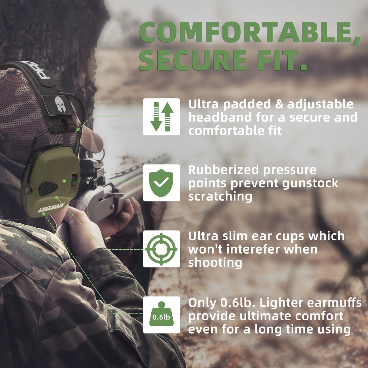 PROHEAR Noise Cancelling Shooting Ear Protection Accessories Green NEW