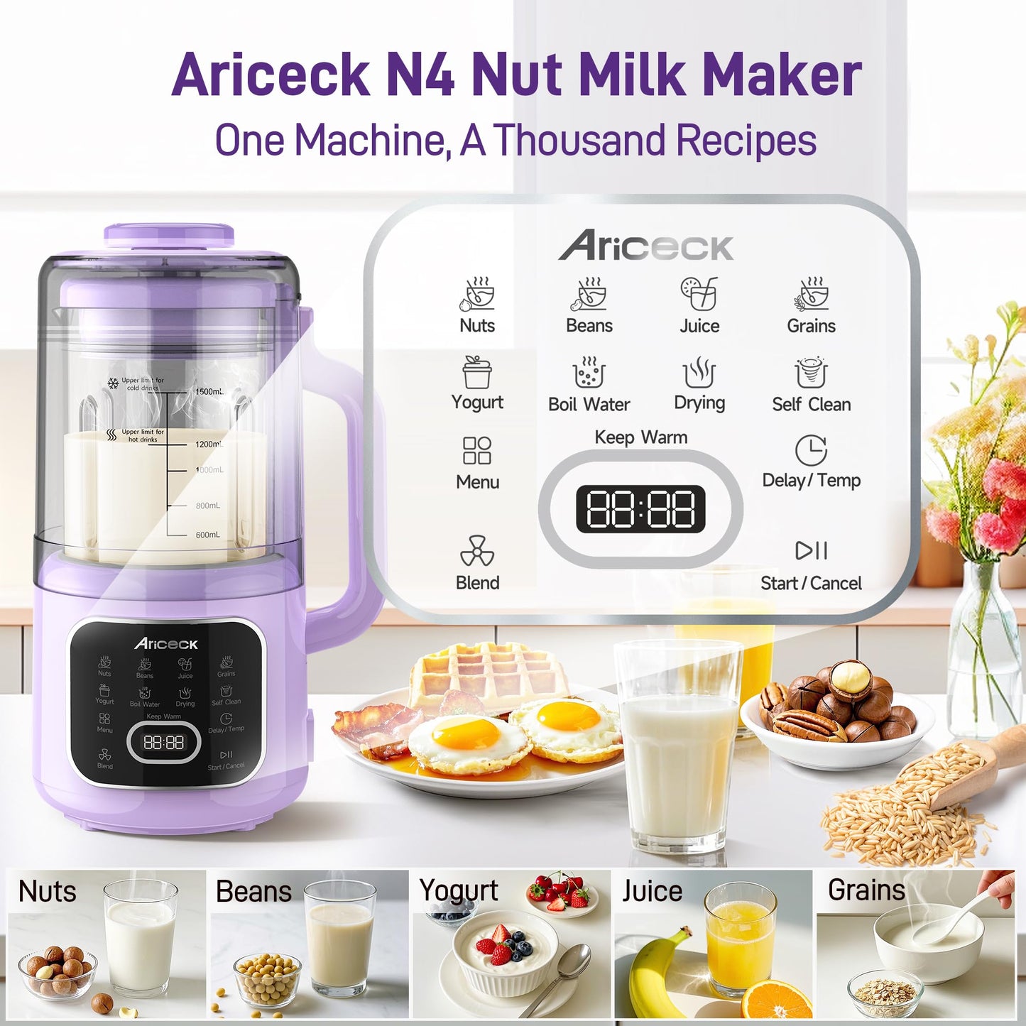 Ariceck 1.5L Jug Blenders Lavender Jug Blender, Automatic Plant-Based Milk NEW