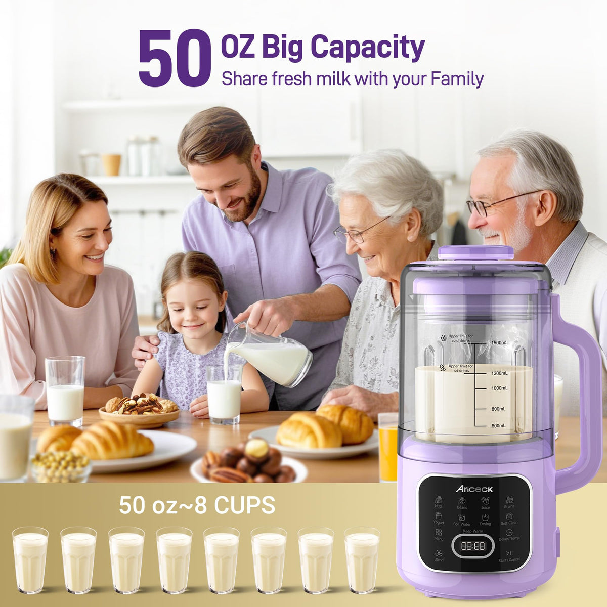 Ariceck 1.5L Jug Blenders Lavender Jug Blender, Automatic Plant-Based Milk NEW