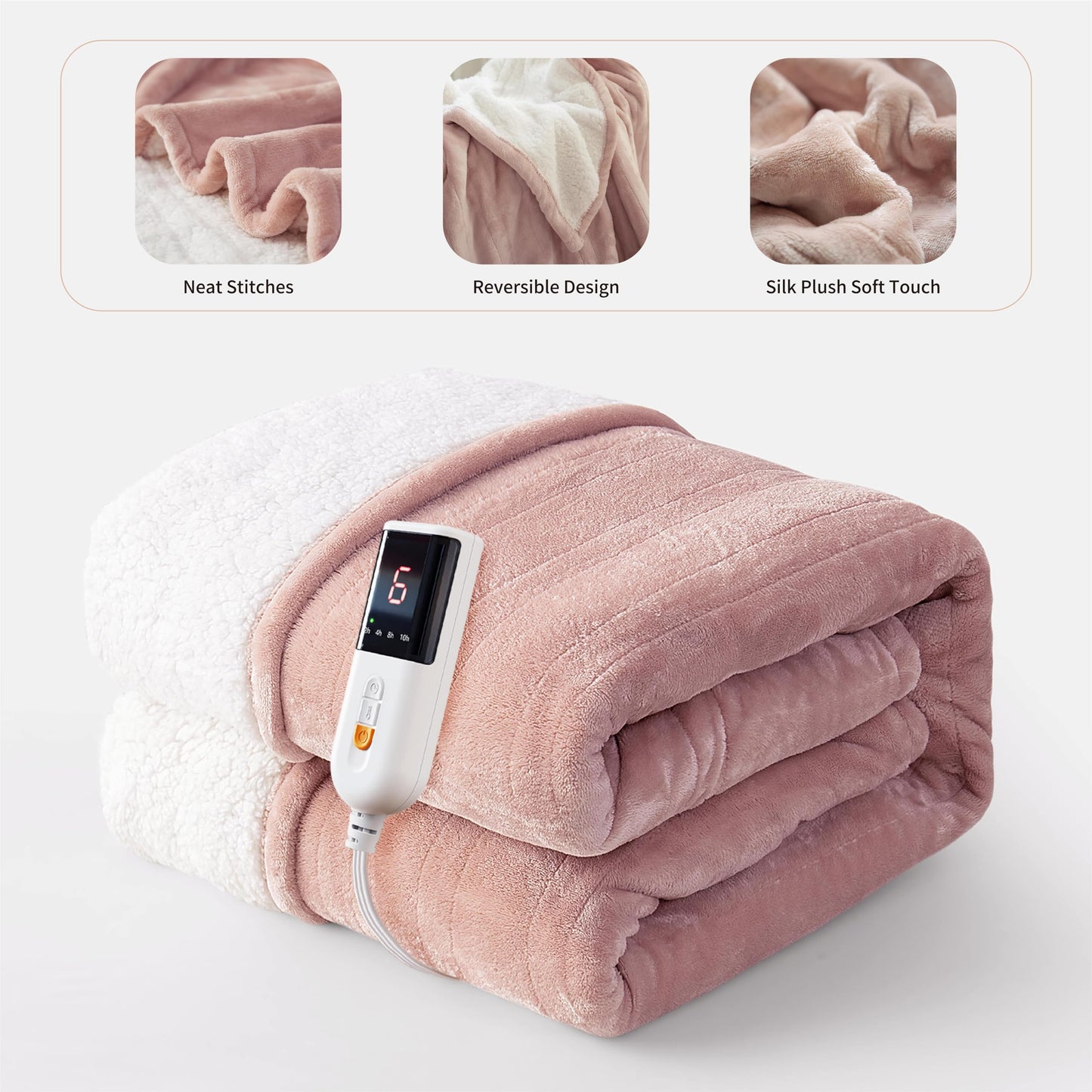 GOTCOZY Soft Flannel Heated Electric Blanket, Rose Dust, 130x160cm, Cozy DEMO