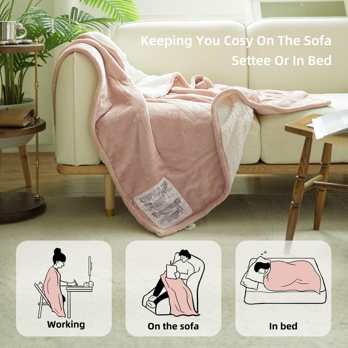 GOTCOZY Soft Flannel Heated Electric Blanket, Rose Dust, 130x160cm, Cozy DEMO