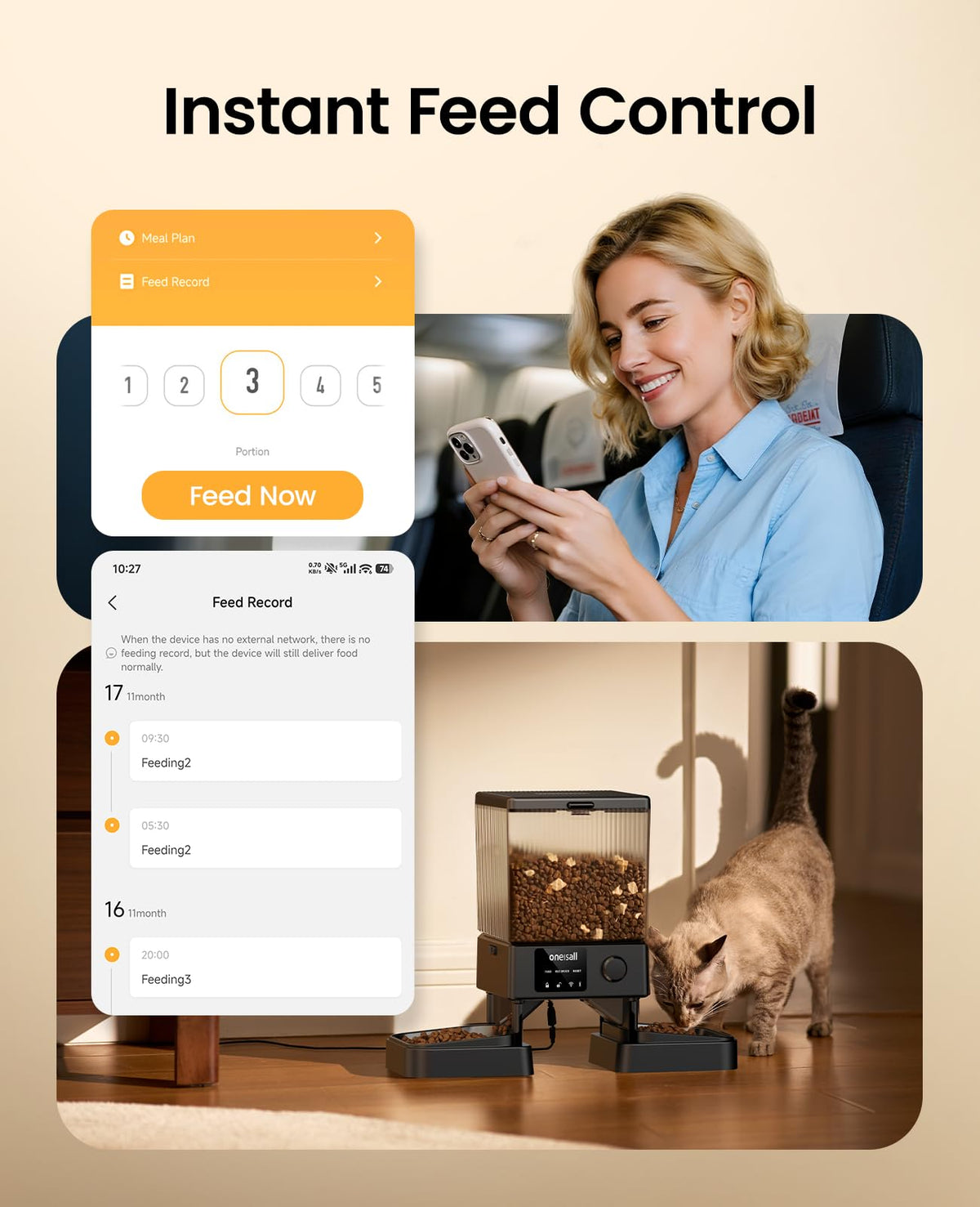 oneisall 5G WiFi Automatic Cat Feeder, 20 Cup/5L, App Controlled, Black NEW