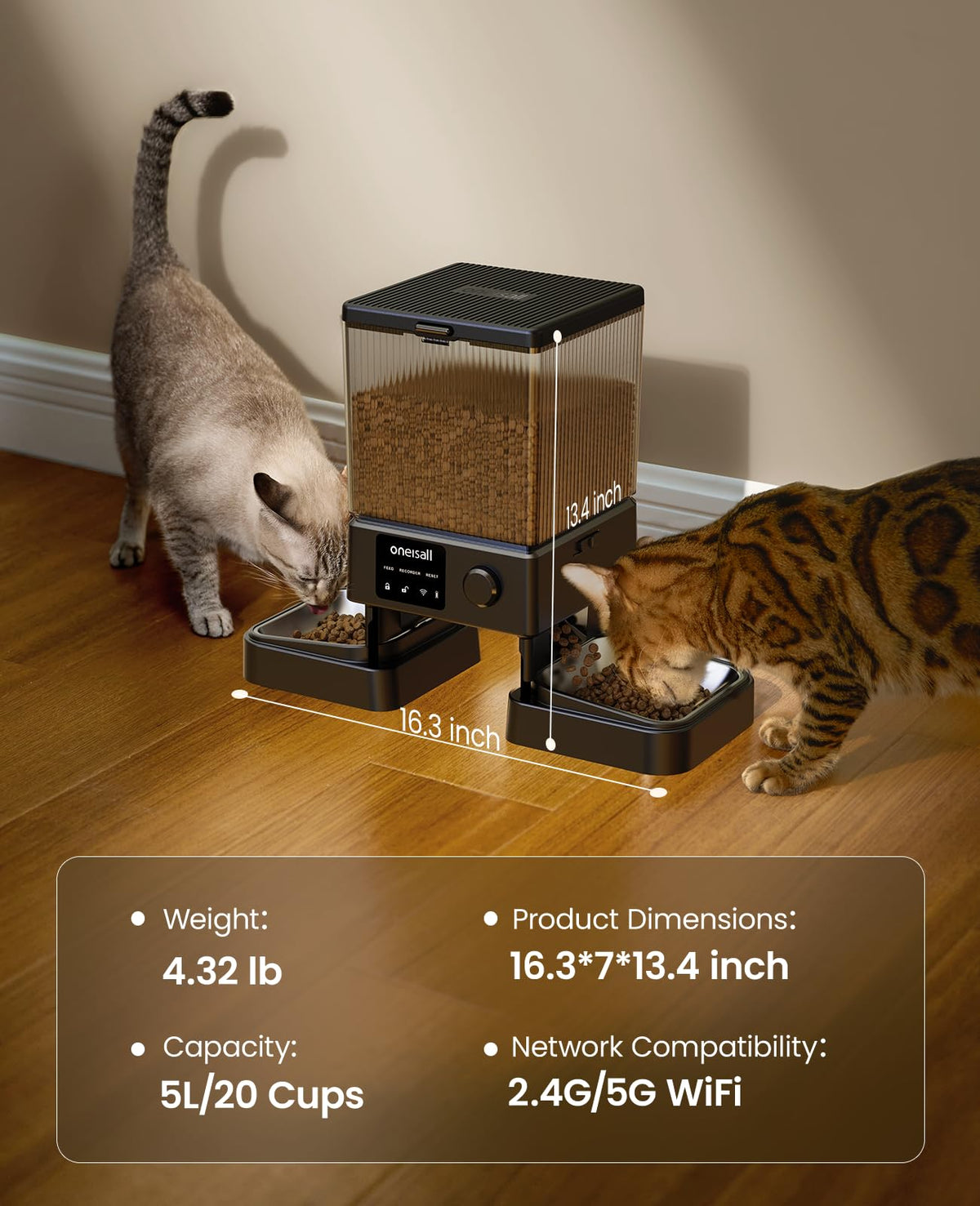 oneisall 5G WiFi Automatic Cat Feeder, 20 Cup/5L, App Controlled, Black NEW
