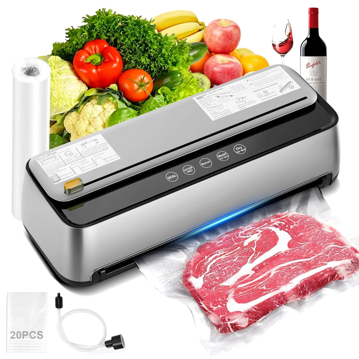 Powerful Automatic Vacuum Sealer Machine with 100KPA Suction, Silver DEMO