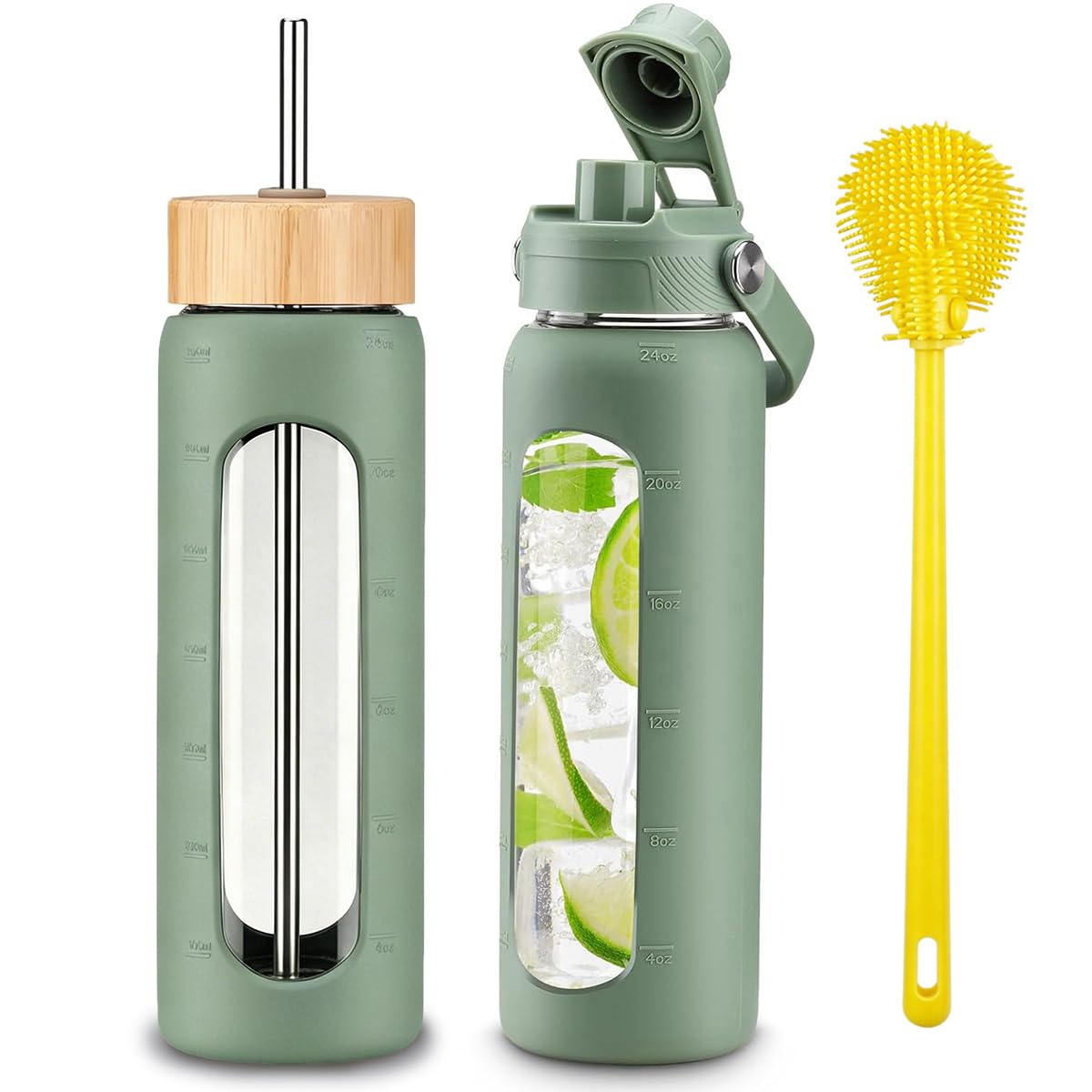 High-Quality Borosilicate Glass Sports Water Bottle, Green, 32oz NEW