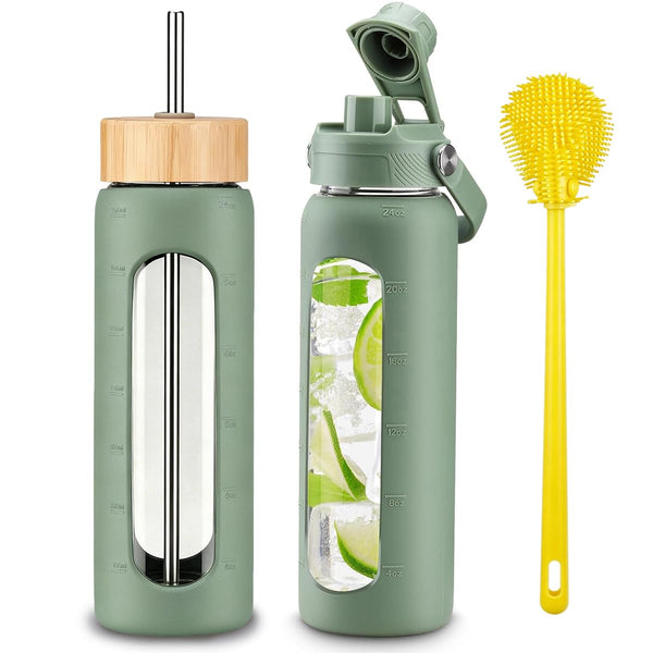 High-Quality Borosilicate Glass Sports Water Bottle, Green, 32oz NEW