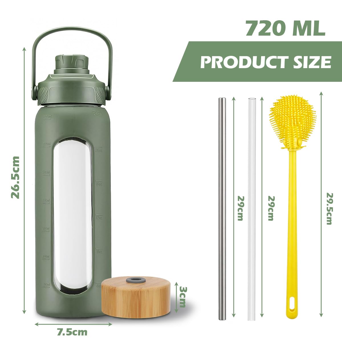 High-Quality Borosilicate Glass Sports Water Bottle, Green, 32oz NEW