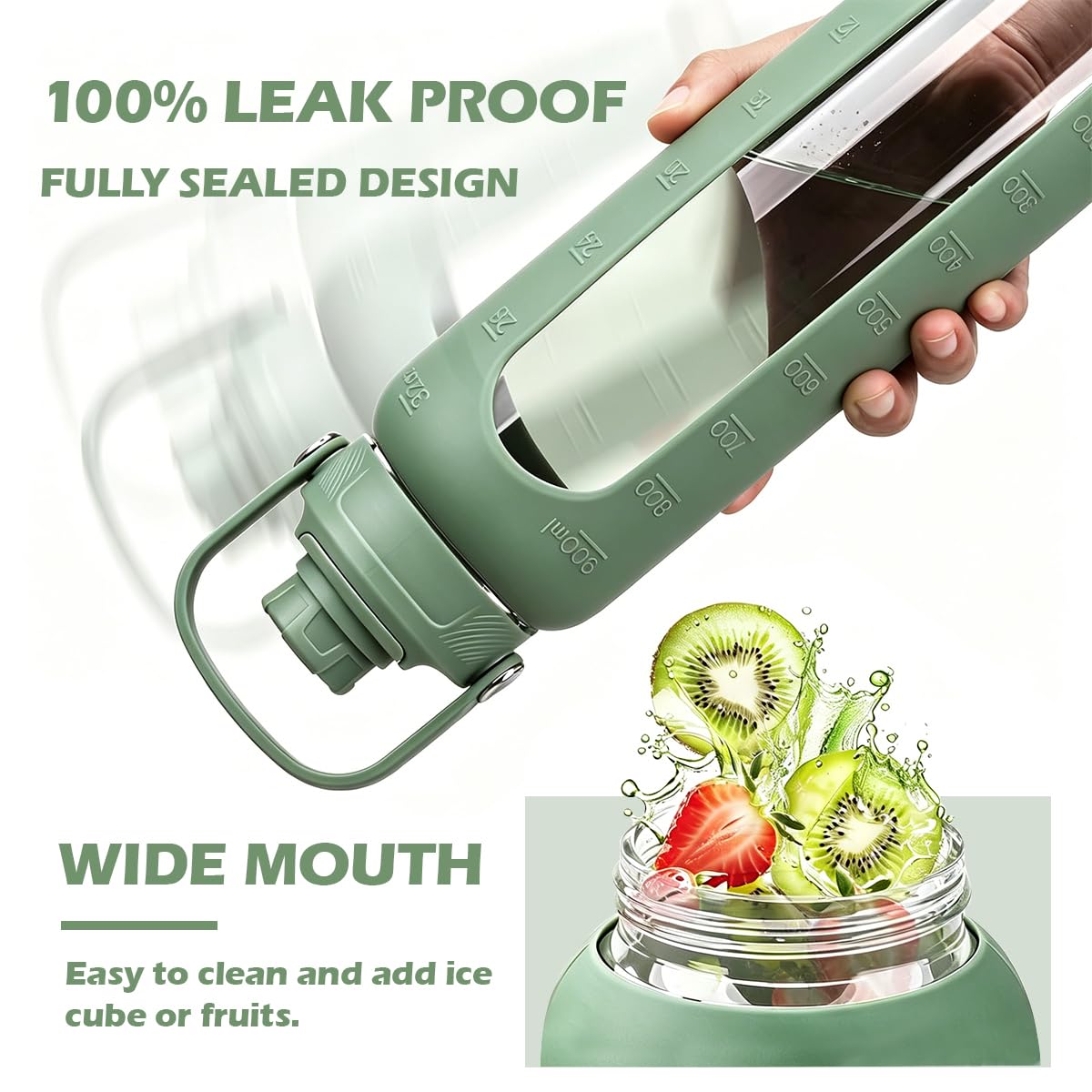 High-Quality Borosilicate Glass Sports Water Bottle, Green, 32oz NEW